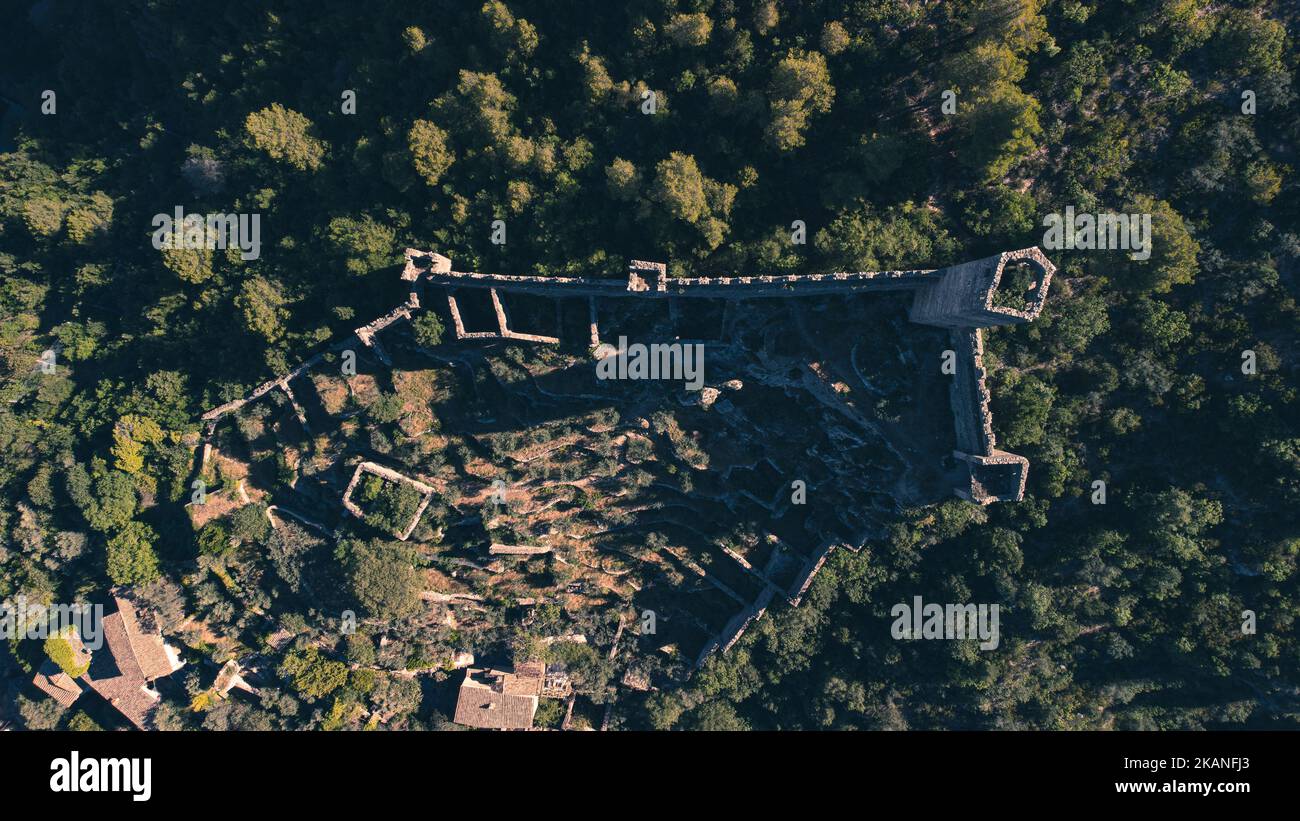 An aerial view of Rocca di Precetto medieval fort located in Umbria ...