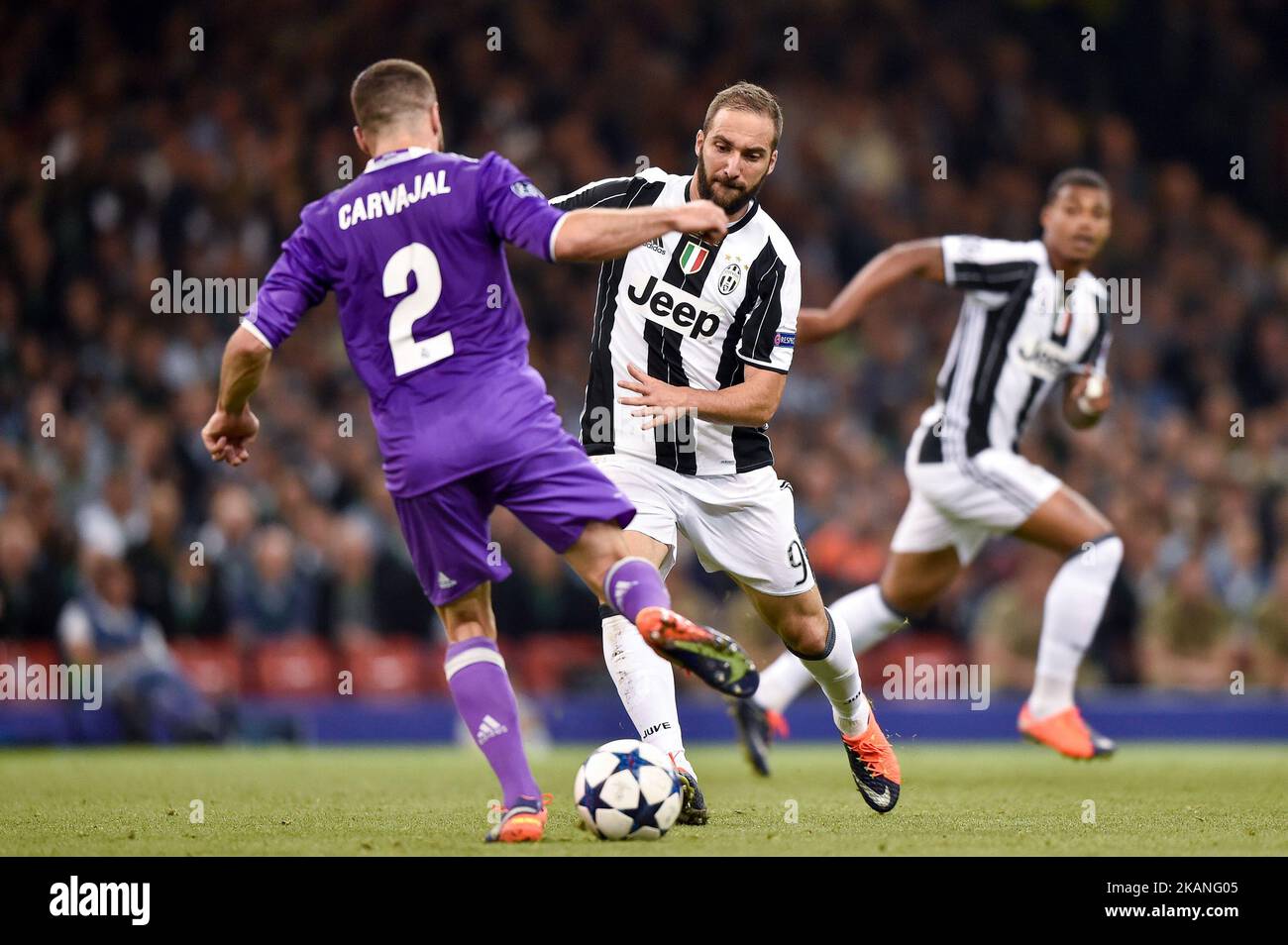 Gonzalo Higuain of Juventus is challenged by Daniel Carvajal of Real Madrid during the UEFA Champions League Final match between Real Madrid and Juventus at the National Stadium of Wales, Cardiff, Wales on 3 June 2017. (Photo by Giuseppe Maffia/NurPhoto) *** Please Use Credit from Credit Field *** Stock Photo