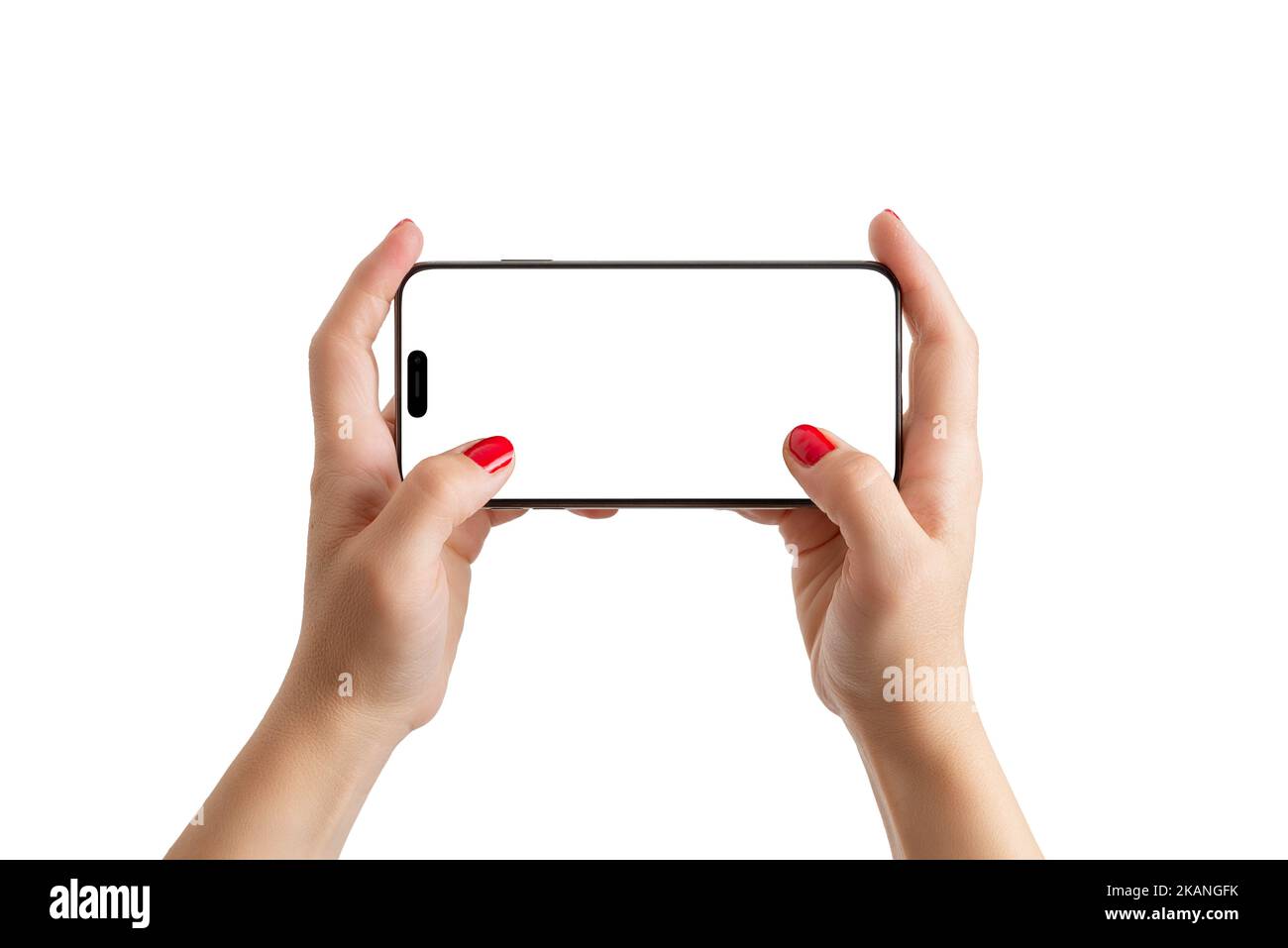 Woman hands holding phone in horizontal position. Isolated screen for playing games mobile mockup Stock Photo