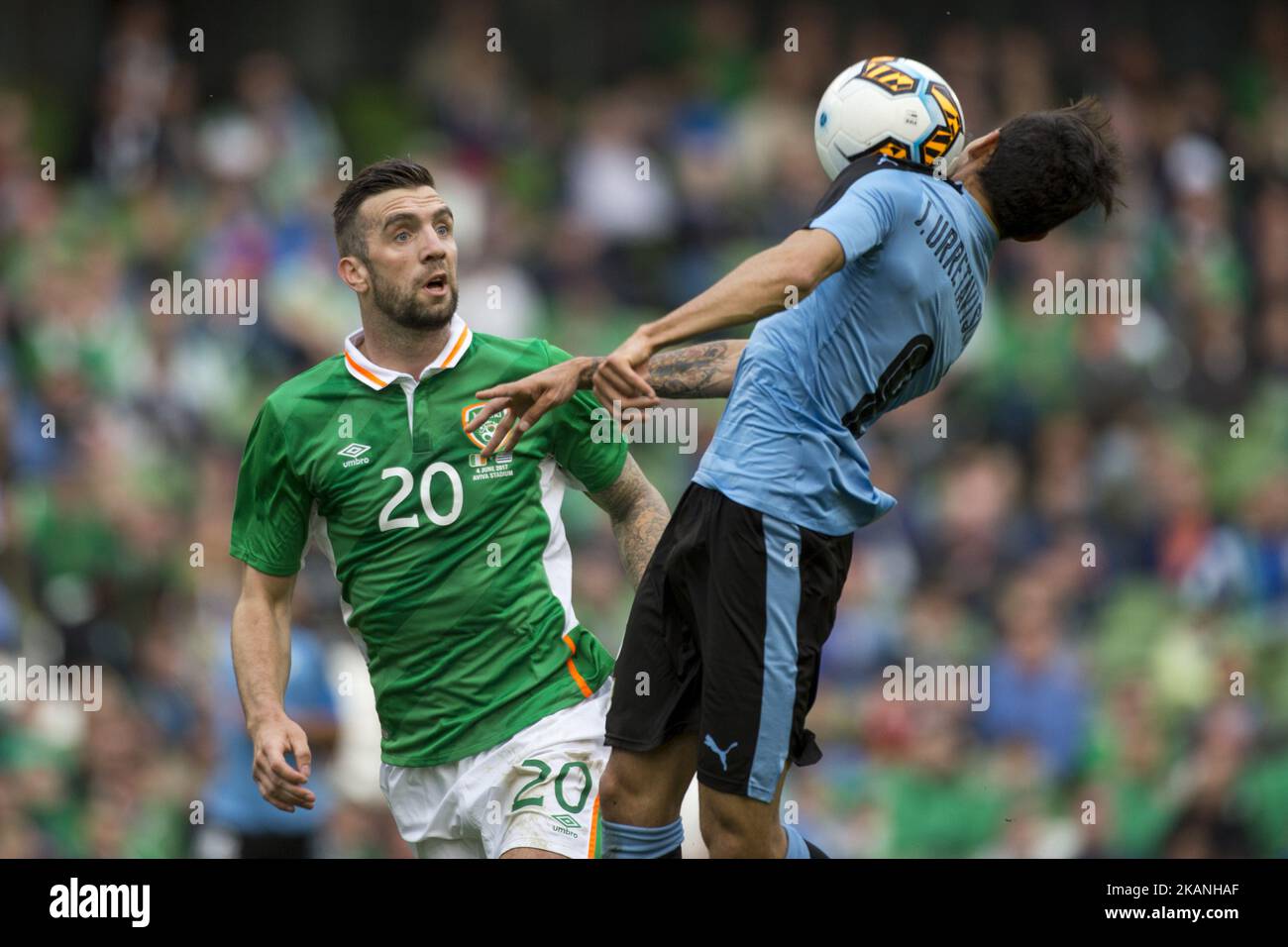 Jonathan Urretaviscaya of Uruguay and Shane Duffy of Ireland pictured in action during the International Friendly match between Republic of Ireland and Uruguay at Aviva Stadium in Dublin, Ireland on June 4, 2017 Republic of Ireland defeats Uruguay 3-1. (Photo by Andrew Surma/NurPhoto) *** Please Use Credit from Credit Field *** Stock Photo