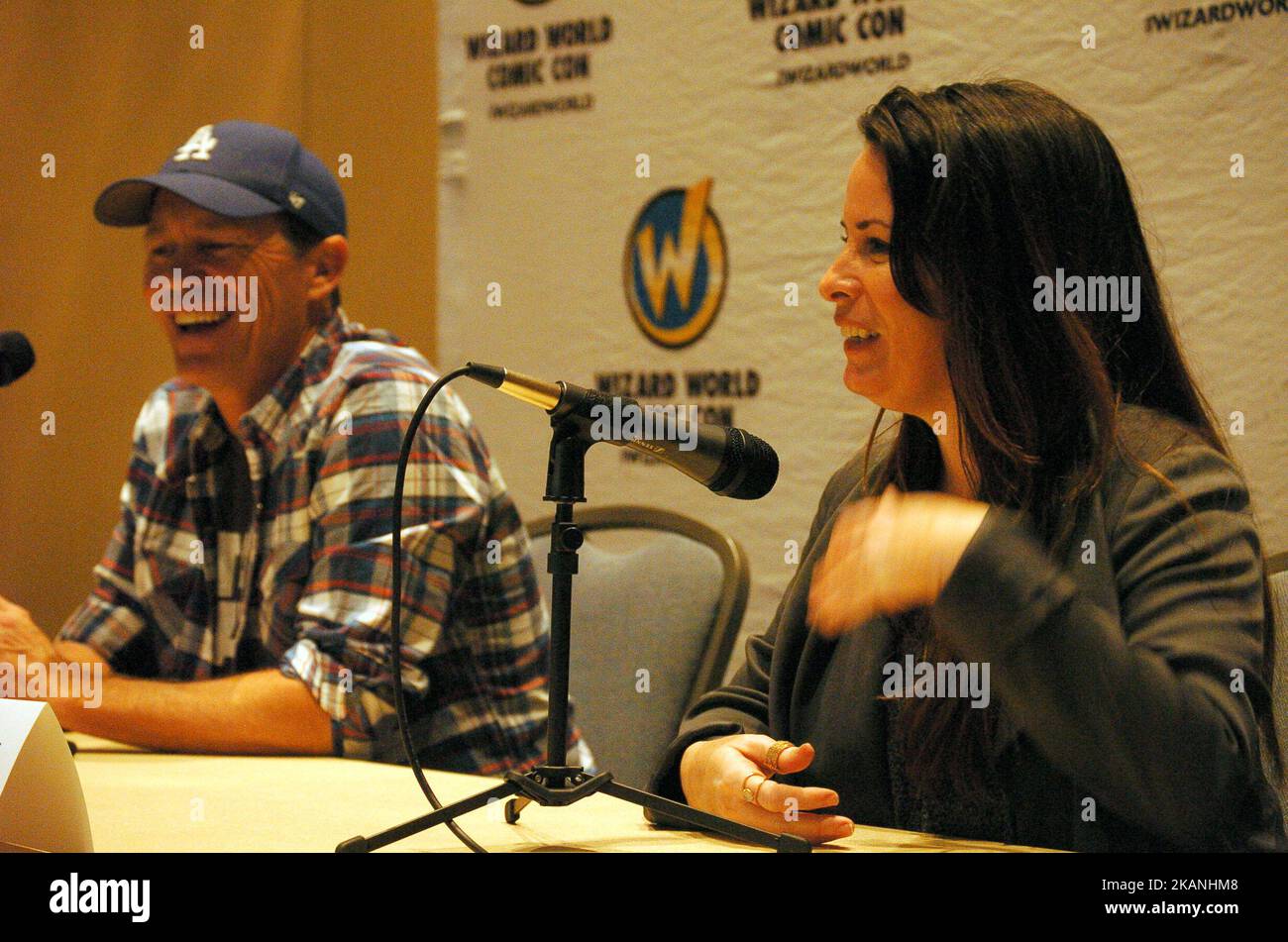 Holly Marie Combs and Brian Krause answer questions about various episodes of Charmed during a Q and A, on the final day of Wizard World Philadelphia on June 4, 2017. (Photo by Cory Clark/NurPhoto) *** Please Use Credit from Credit Field *** Stock Photo