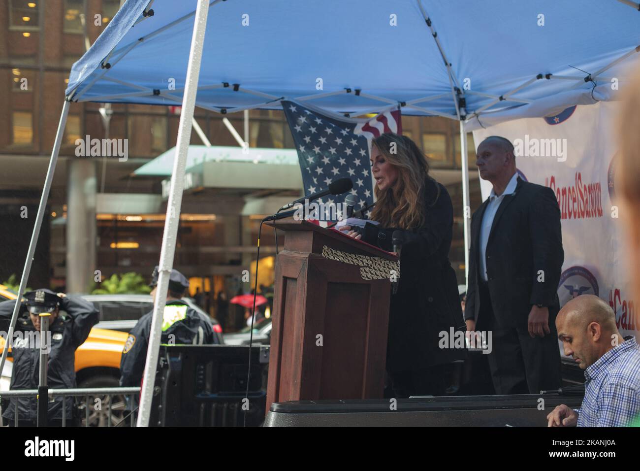 Activist Pamela Geller speaks at an Alt Right protest against Muslim Linda Sarsour speaking at CUNY in New York, US, on 5 June 2017.After months of campaigning to disinvite civil rights activist and co-organizer of the Womenâ€™s March, Linda Sarsour, from giving a graduation speech at the City University of New York (CUNY), Sarsourâ€™s keynote went last 1st June. (Photo by Shay Horse/NurPhoto) *** Please Use Credit from Credit Field *** Stock Photo