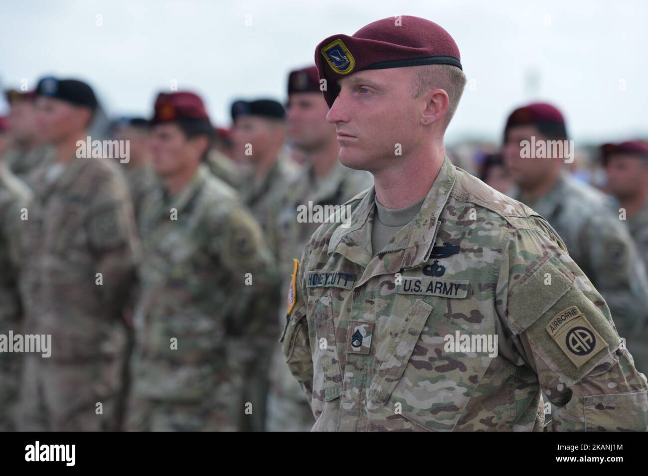 Members of the 101st Airborne Division of the US Army, during the International Commemorative Ceremony of the Allied Forces Landing in Normandy in the presence of the US Army veterans and troops, and representatives of the French State and the eight allied countries (Belgium, Canada, Denmark, United States, Great Britain, Norway, Netherlands, Poland), that took place today at Utah Beach. Tuesday 6th June is the 73rd anniversary of the D-Day landings which saw 156,000 troops from the allied countries including the United Kingdom and the United States join forces to launch an audacious attack o Stock Photo