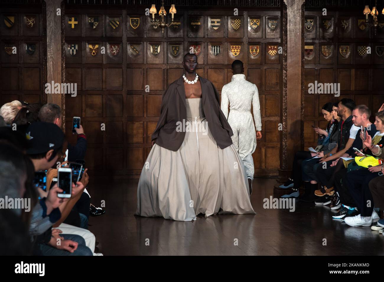 A model walks on the runway at the Edward Crutchley fashion show during  Fall Winter 2022 Collections Fashion Show at London Fashion Week in London,  UK on February 18, 2022. (Photo by