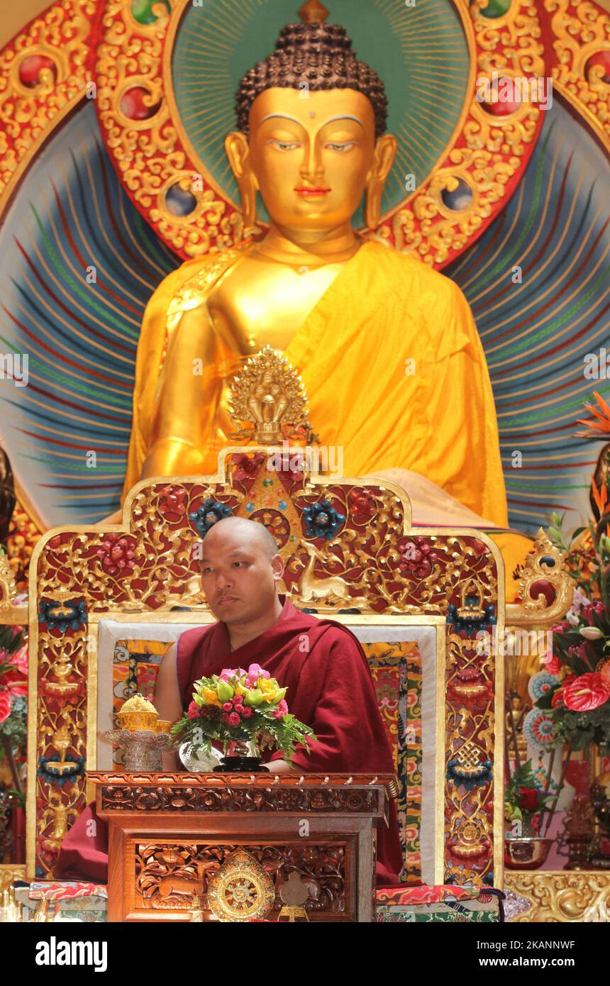 His Holiness the 17th Gyalwang Karmapa Ogyen Trinley Dorje visited the Karma Tekchen Zabsal Ling Toronto Thrangu Centre to cut the ribbon and bless the centre during the opening ceremony for the newly constructed main prayer hall on June 8, 2017 in Aurora, Ontario, Canada, during his first visit to Canada. Like the Dalai Lama, the Karmapa Lama escaped from Tibet and now lives in India. He may be the next Dalai Lama and would become one of the most powerful spiritual and political leaders in the world. (Photo by Creative Touch Imaging Ltd./NurPhoto) *** Please Use Credit from Credit Field *** Stock Photo