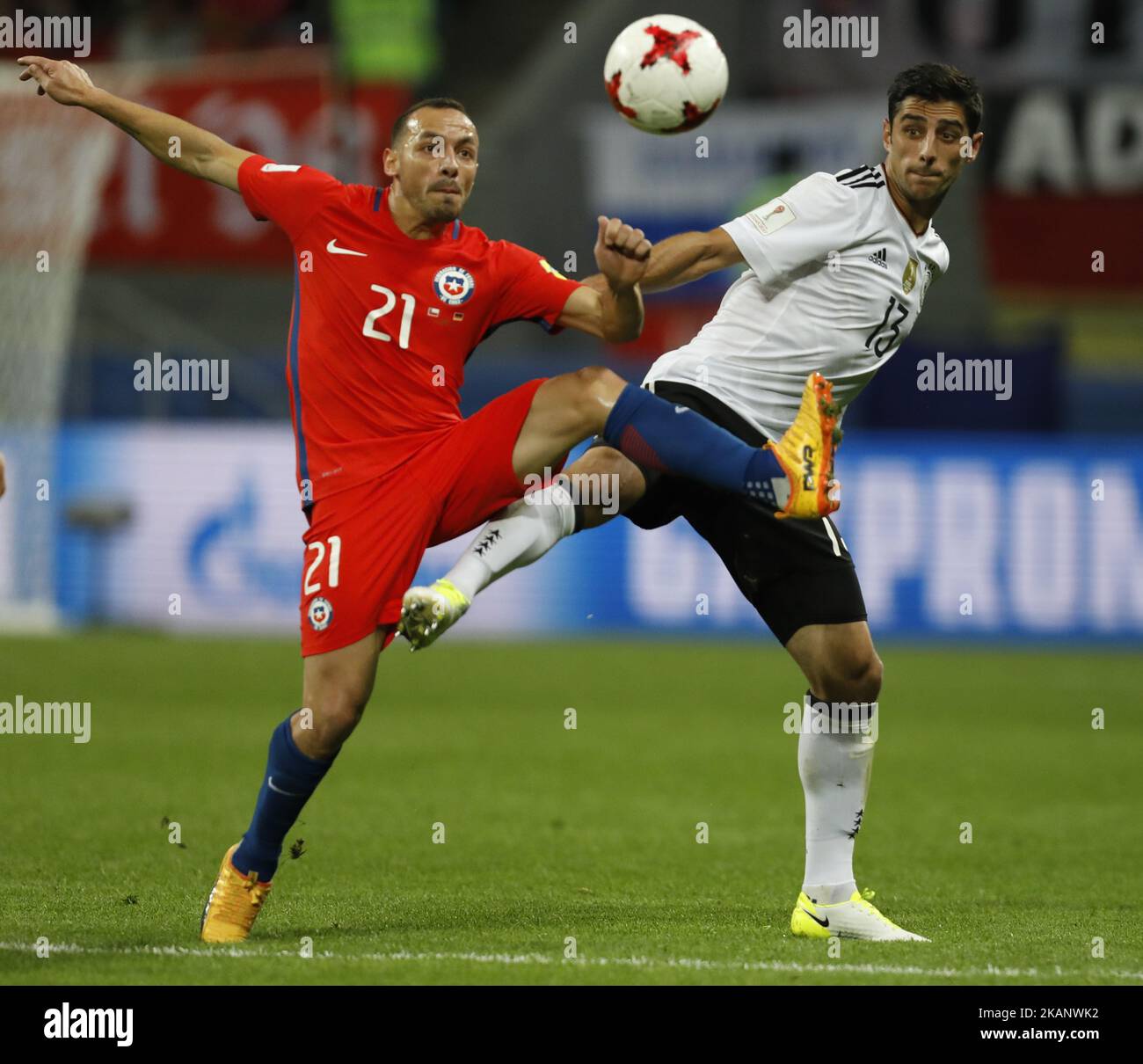 Lars Stindl (R) of Germany national team and Marcelo Diaz of Chile national team vie for the ball during the Group B - FIFA Confederations Cup Russia 2017 match between Germany and Chile at Kazan Arena on June 22, 2017 in Kazan, Russia. (Photo by Mike Kireev/NurPhoto) *** Please Use Credit from Credit Field *** Stock Photo