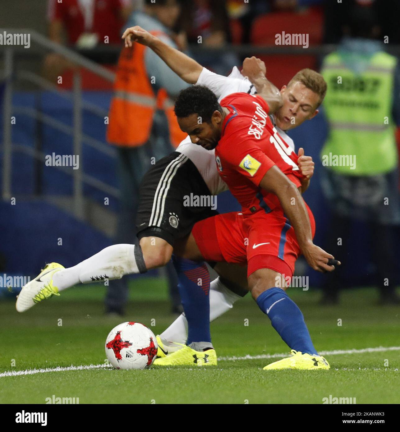 Joshua Kimmich of Germany national team and Jean Beausejour (in front) of Chile national team vie for the ball during the Group B - FIFA Confederations Cup Russia 2017 match between Germany and Chile at Kazan Arena on June 22, 2017 in Kazan, Russia. (Photo by Mike Kireev/NurPhoto) *** Please Use Credit from Credit Field *** Stock Photo