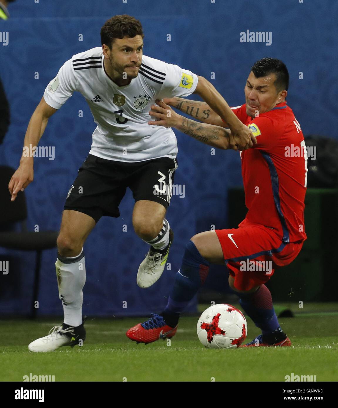 Jonas Hector (L) of Germany national team and Gary Medel of Chile national team vie for the ball during the Group B - FIFA Confederations Cup Russia 2017 match between Germany and Chile at Kazan Arena on June 22, 2017 in Kazan, Russia. (Photo by Mike Kireev/NurPhoto) *** Please Use Credit from Credit Field *** Stock Photo