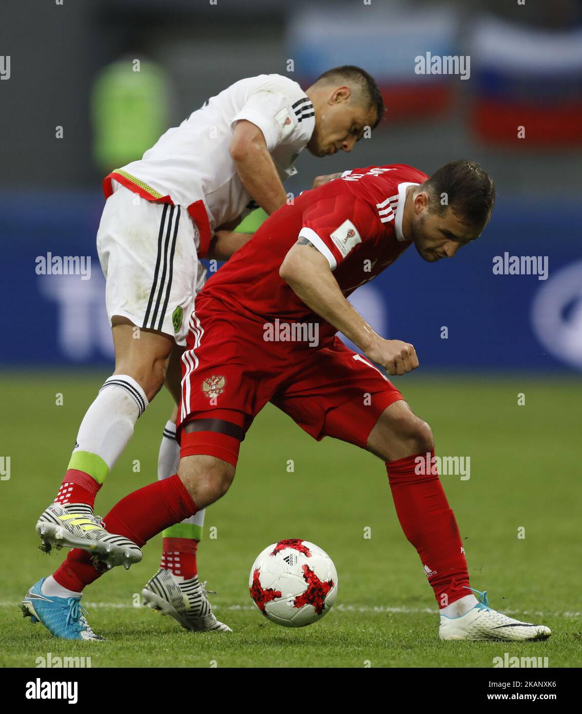 Fedor Kudriashov (R) of Russia national team and Javier Hernandez of Mexico national team vie for the ball during the Group A - FIFA Confederations Cup Russia 2017 match between Russia and Mexico at Kazan Arena on June 24, 2017 in Kazan, Russia. (Photo by Mike Kireev/NurPhoto) *** Please Use Credit from Credit Field *** Stock Photo