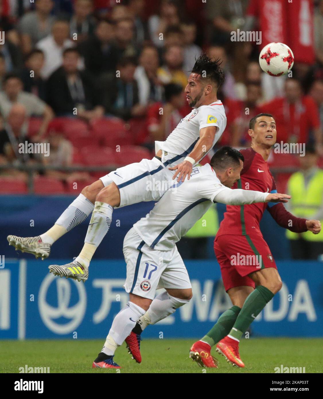 Mauricio Isla (L), Gary Medel of the Chile national football team and Cristiano Ronaldo of the Portugal national football team vie for the ball during the 2017 FIFA Confederations Cup match, semi-finals between Portugal and Chile at Kazan Arena on June 28, 2017 in Kazan, Russia. (Photo by Igor Russak/NurPhoto) *** Please Use Credit from Credit Field *** Stock Photo