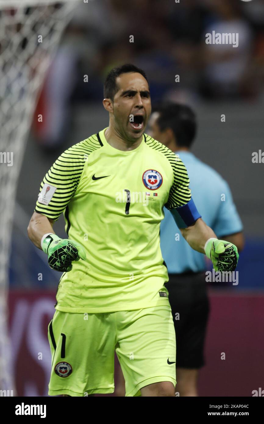 Claudio Bravo of Chile national team celebrates during FIFA Confederations Cup Russia 2017 semi-final match between Portugal and Chile at Kazan Arena in June 28, 2017 in Kazan, Russia. (Photo by Mike Kireev/NurPhoto) *** Please Use Credit from Credit Field *** Stock Photo