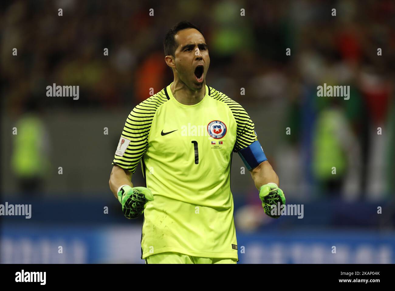 Claudio Bravo of Chile national team celebrates during FIFA Confederations Cup Russia 2017 semi-final match between Portugal and Chile at Kazan Arena in June 28, 2017 in Kazan, Russia. (Photo by Mike Kireev/NurPhoto) *** Please Use Credit from Credit Field *** Stock Photo