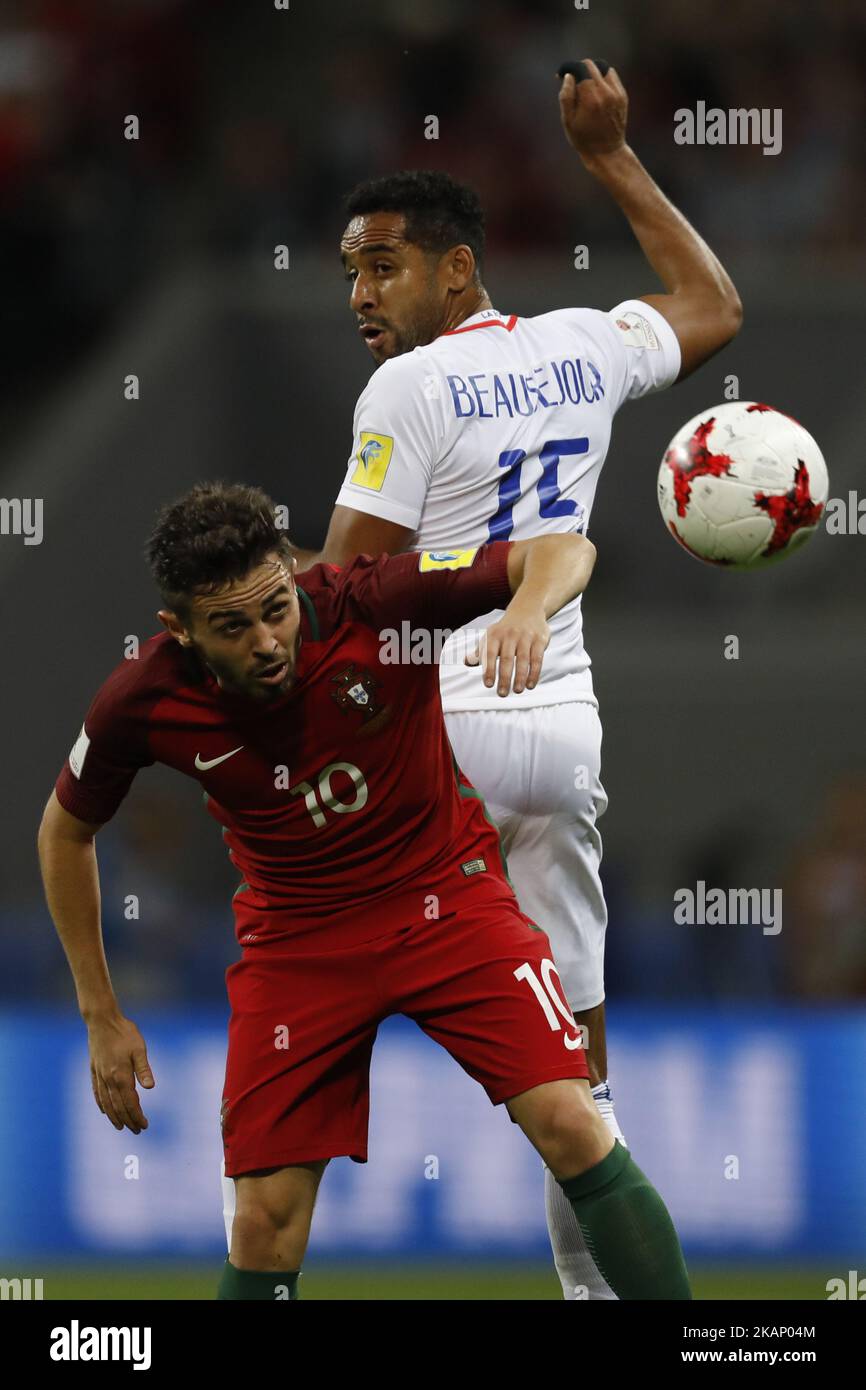 Bernardo Silva (L) of Portugal national team and Jean Beausejour of Chile national team vie for the ball during FIFA Confederations Cup Russia 2017 semi-final match between Portugal and Chile at Kazan Arena in June 28, 2017 in Kazan, Russia. (Photo by Mike Kireev/NurPhoto) *** Please Use Credit from Credit Field *** Stock Photo