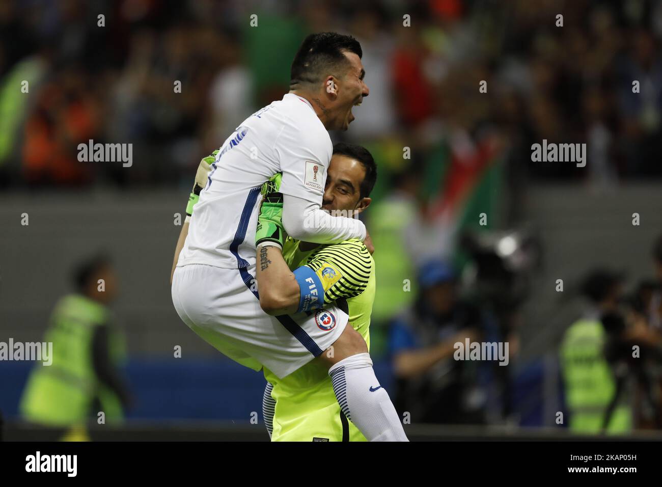 Gary Medel (L) of Chile national team and Claudio Bravo of Chile national team celebrate victory during FIFA Confederations Cup Russia 2017 semi-final match between Portugal and Chile at Kazan Arena in June 28, 2017 in Kazan, Russia. (Photo by Mike Kireev/NurPhoto) *** Please Use Credit from Credit Field *** Stock Photo