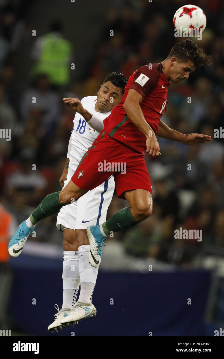 Andre Silva (R) of Portugal national team and Gonzalo Jara of Chile national team vie for a header during FIFA Confederations Cup Russia 2017 semi-final match between Portugal and Chile at Kazan Arena in June 28, 2017 in Kazan, Russia. (Photo by Mike Kireev/NurPhoto) *** Please Use Credit from Credit Field *** Stock Photo