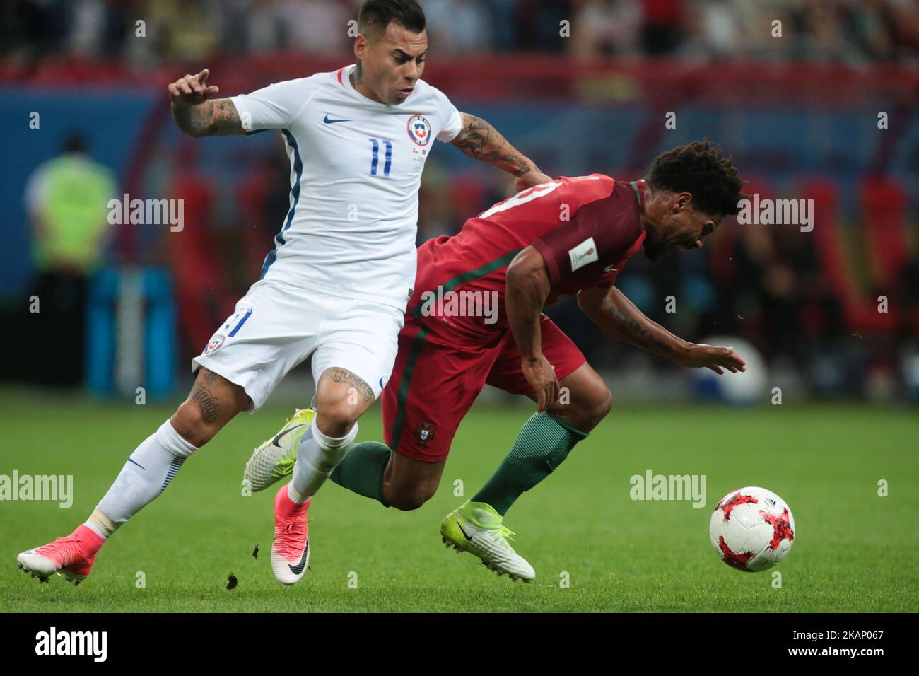 Eduardo Vargas (L) of the Chile national football team and Eliseu of the Portugal national football team vie for the ball during the 2017 FIFA Confederations Cup match, semi-finals between Portugal and Chile at Kazan Arena on June 28, 2017 in Kazan, Russia. (Photo by Igor Russak/NurPhoto) *** Please Use Credit from Credit Field *** Stock Photo