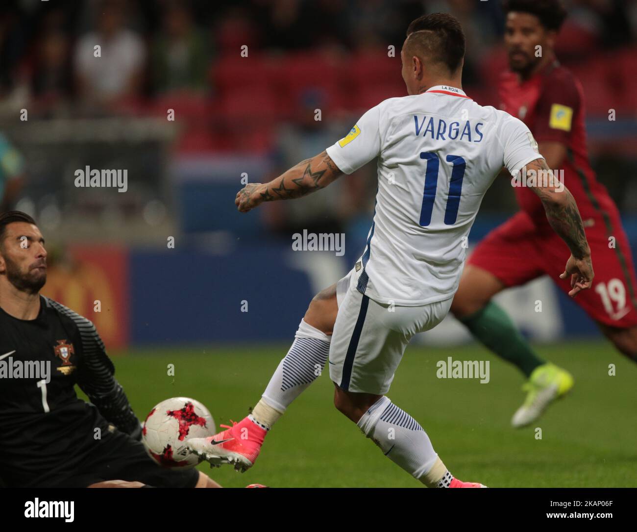 Eduardo Vargas of the Chile national football team vie for the ball during the 2017 FIFA Confederations Cup match, semi-finals between Portugal and Chile at Kazan Arena on June 28, 2017 in Kazan, Russia. (Photo by Igor Russak/NurPhoto) *** Please Use Credit from Credit Field *** Stock Photo