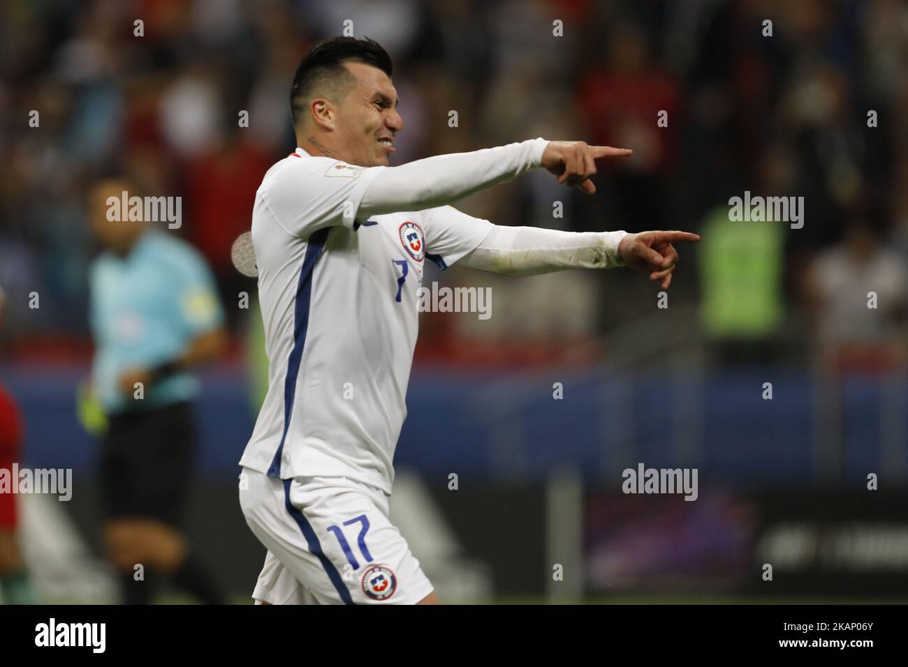 Gary Medel of Chile national team celebrates victory during FIFA Confederations Cup Russia 2017 semi-final match between Portugal and Chile at Kazan Arena in June 28, 2017 in Kazan, Russia. (Photo by Mike Kireev/NurPhoto) *** Please Use Credit from Credit Field *** Stock Photo