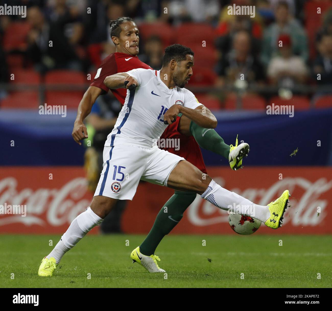 Bruno Alves (L) of Portugal national team and Jean Beausejour of Chile national team vie for the ball during FIFA Confederations Cup Russia 2017 semi-final match between Portugal and Chile at Kazan Arena in June 28, 2017 in Kazan, Russia. (Photo by Mike Kireev/NurPhoto) *** Please Use Credit from Credit Field *** Stock Photo