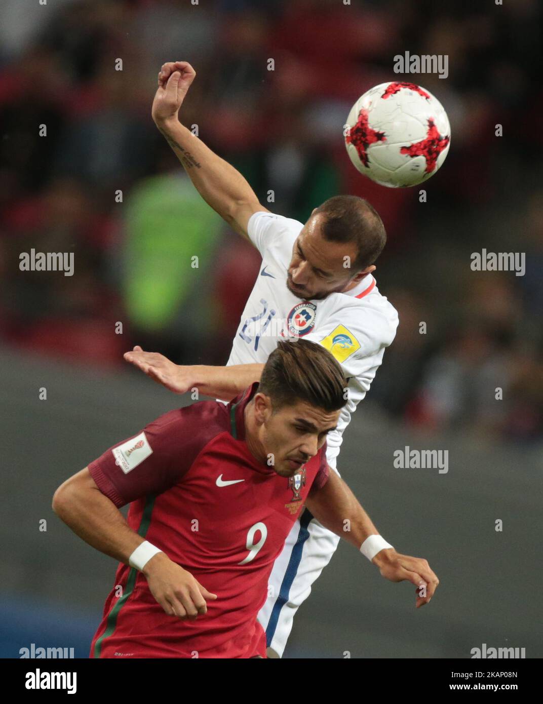 Marcelo Diaz (L) of the Chile national football team and André Silva of the Portugal national football team vie for the ball during the 2017 FIFA Confederations Cup match, semi-finals between Portugal and Chile at Kazan Arena on June 28, 2017 in Kazan, Russia. (Photo by Igor Russak/NurPhoto) *** Please Use Credit from Credit Field *** Stock Photo