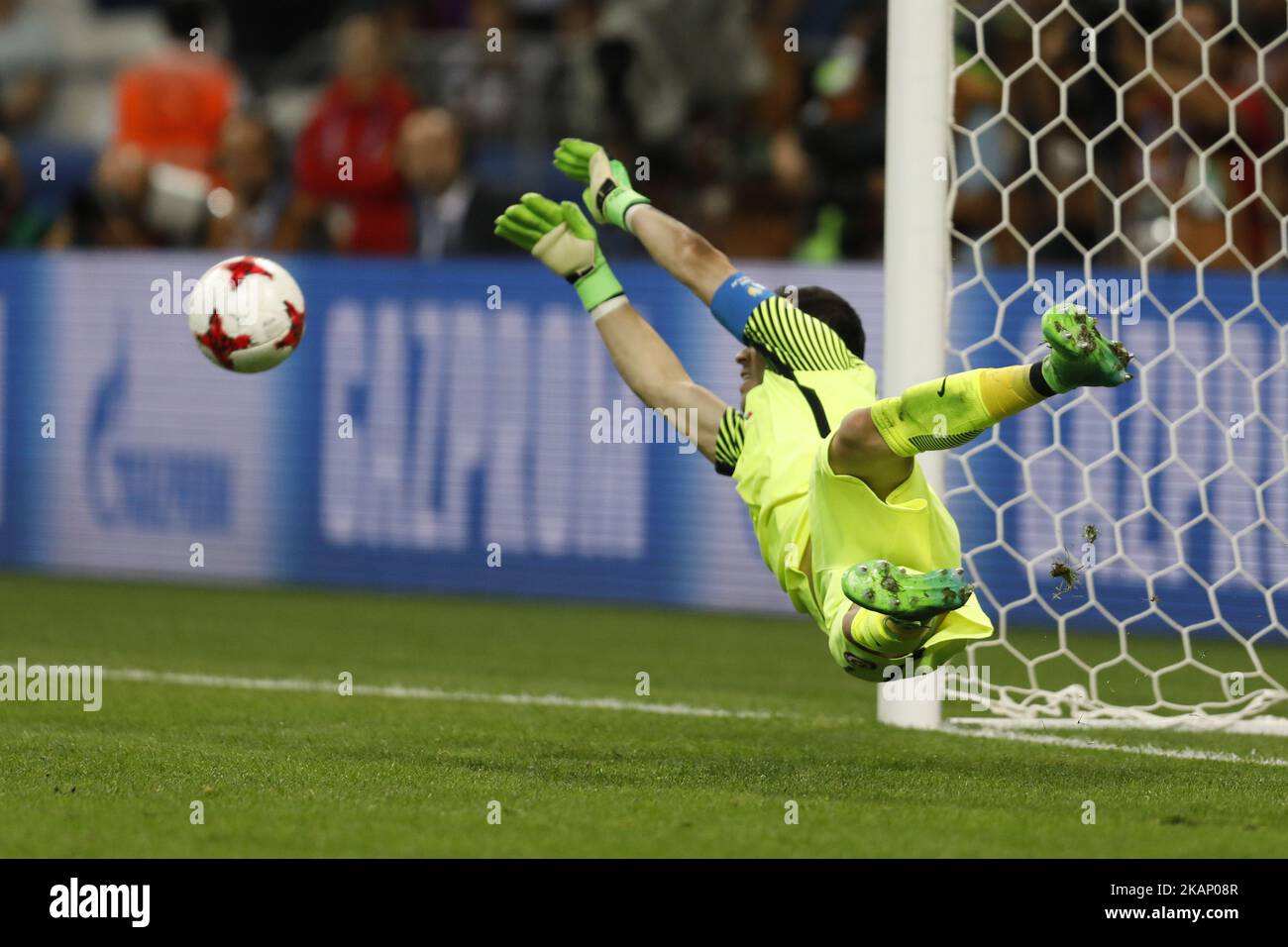 Claudio Bravo of Chile national team saves a penalty shot during FIFA Confederations Cup Russia 2017 semi-final match between Portugal and Chile at Kazan Arena in June 28, 2017 in Kazan, Russia. (Photo by Mike Kireev/NurPhoto) *** Please Use Credit from Credit Field *** Stock Photo