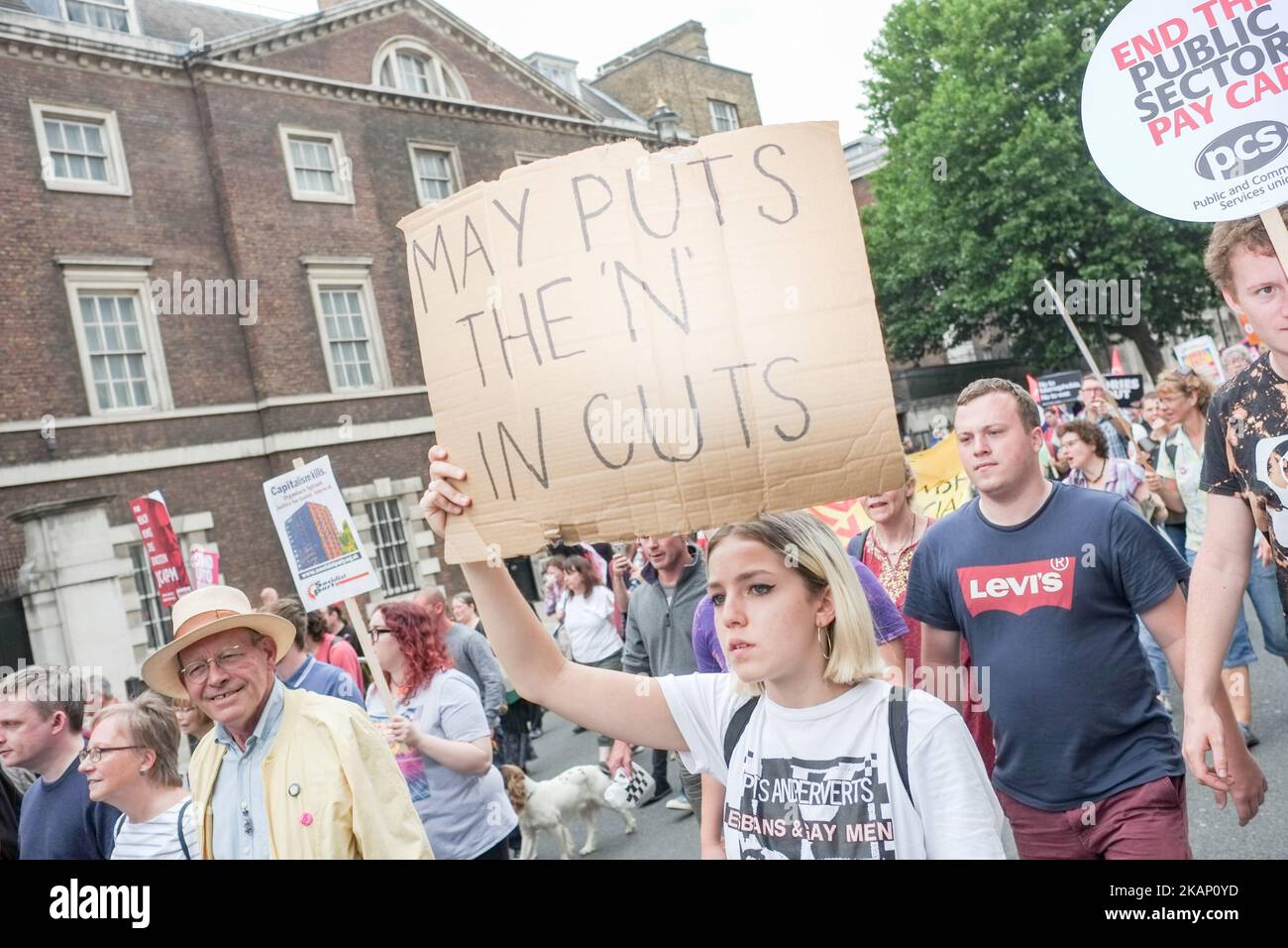 The demonstrators make their way though central London, in London, United Kingdom, on July 1, 2017. Tens of thousands of people march though central London to protest against the new Conservative party, DUP coalition government. The marchers made their way from Portland street, where the BBC headquarters is located and made their way to Parliament square. (Photo by Jay Shaw Baker/NurPhoto) *** Please Use Credit from Credit Field *** Stock Photo