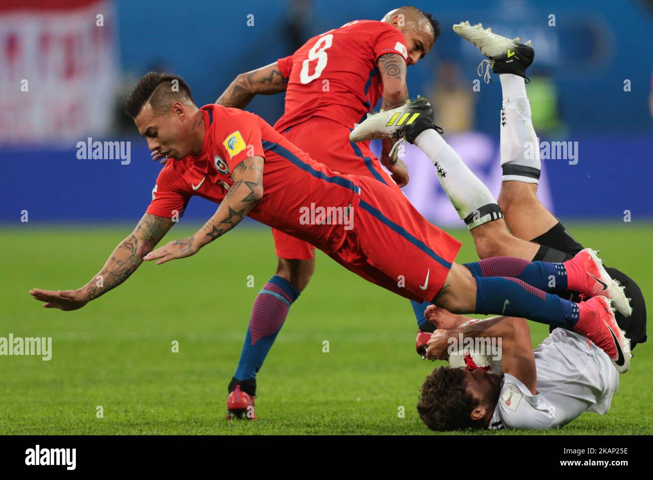 Eduardo Vargas (L) , Arturo Vidal of the Chile national football team and Jonas Hector of the Germanyl national football team vie for the ball during the 2017 FIFA Confederations Cup final match between Chile and Germany at Saint Petersburg Stadium on July 02, 2017 in St. Petersburg, Russia. (Photo by Igor Russak/NurPhoto) *** Please Use Credit from Credit Field *** Stock Photo