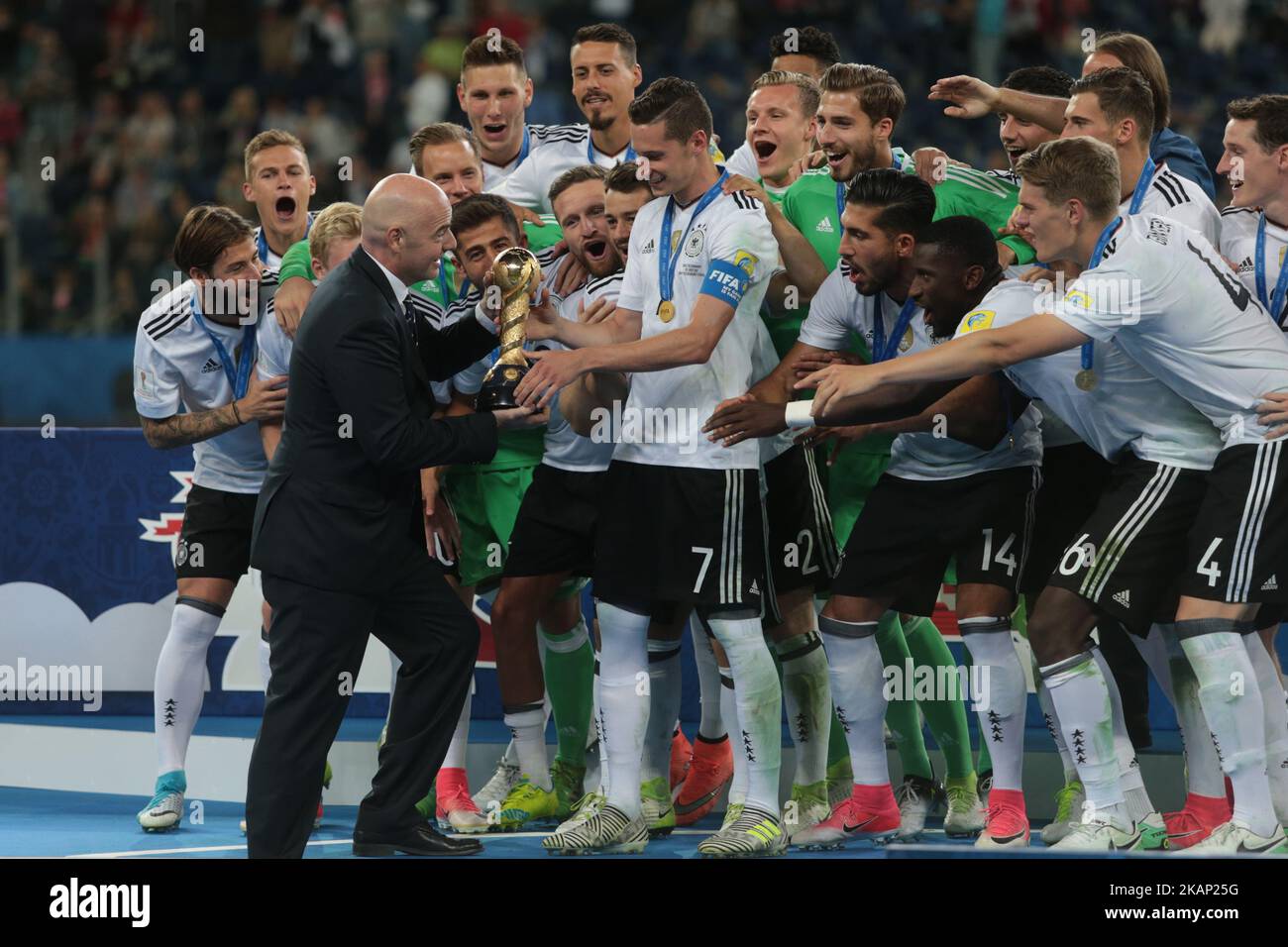 Players of the Germany national football team celebrate winning after the 2017 FIFA Confederations Cup final match between Chile and Germany at Saint Petersburg Stadium on July 02, 2017 in St. Petersburg, Russia. (Photo by Igor Russak/NurPhoto) *** Please Use Credit from Credit Field *** Stock Photo