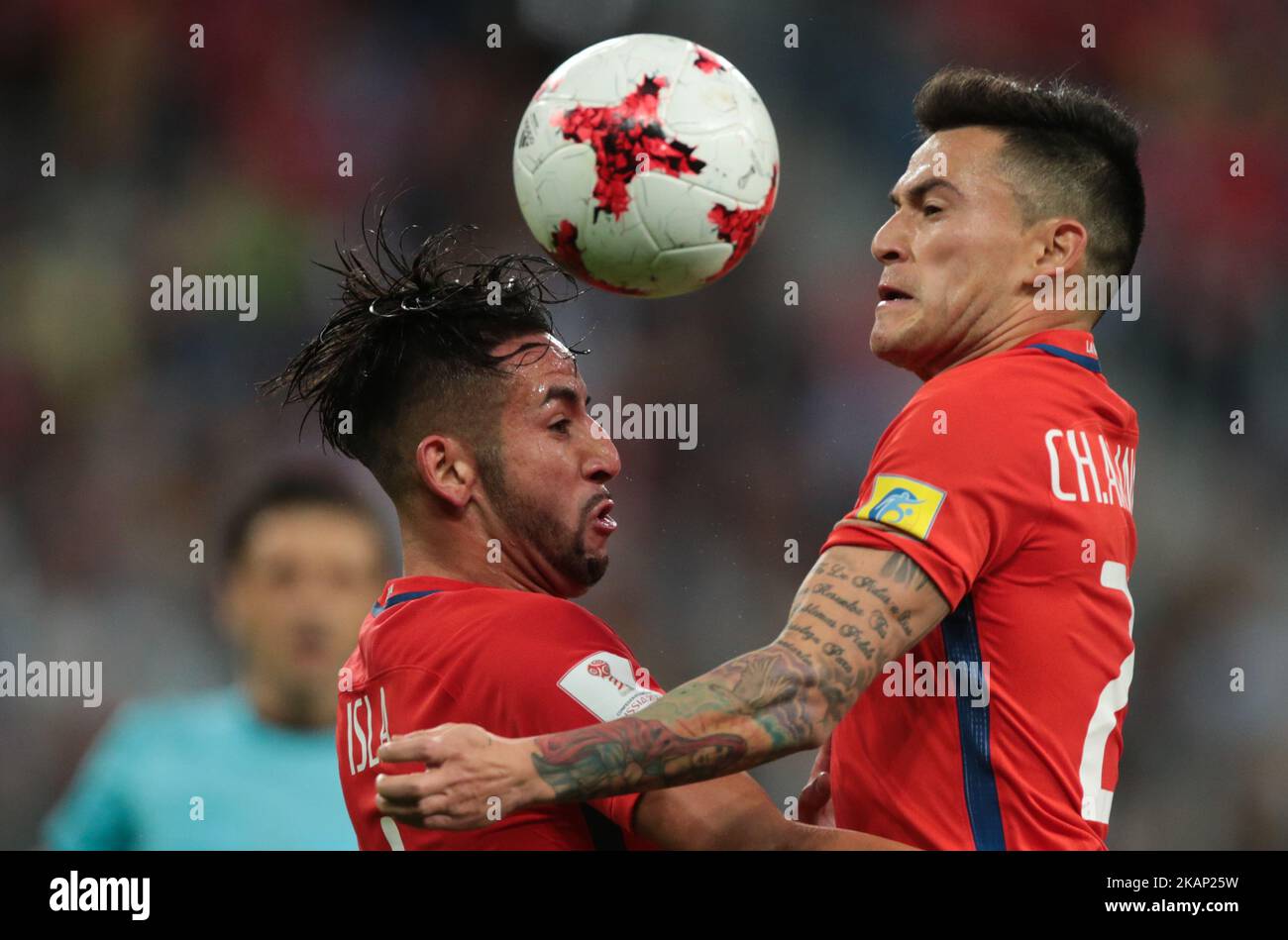 Mauricio Isla (L), Charles Aranguiz of the Chile national football team vie for the ball during the 2017 FIFA Confederations Cup final match between Chile and Germany at Saint Petersburg Stadium on July 02, 2017 in St. Petersburg, Russia. (Photo by Igor Russak/NurPhoto) *** Please Use Credit from Credit Field *** Stock Photo