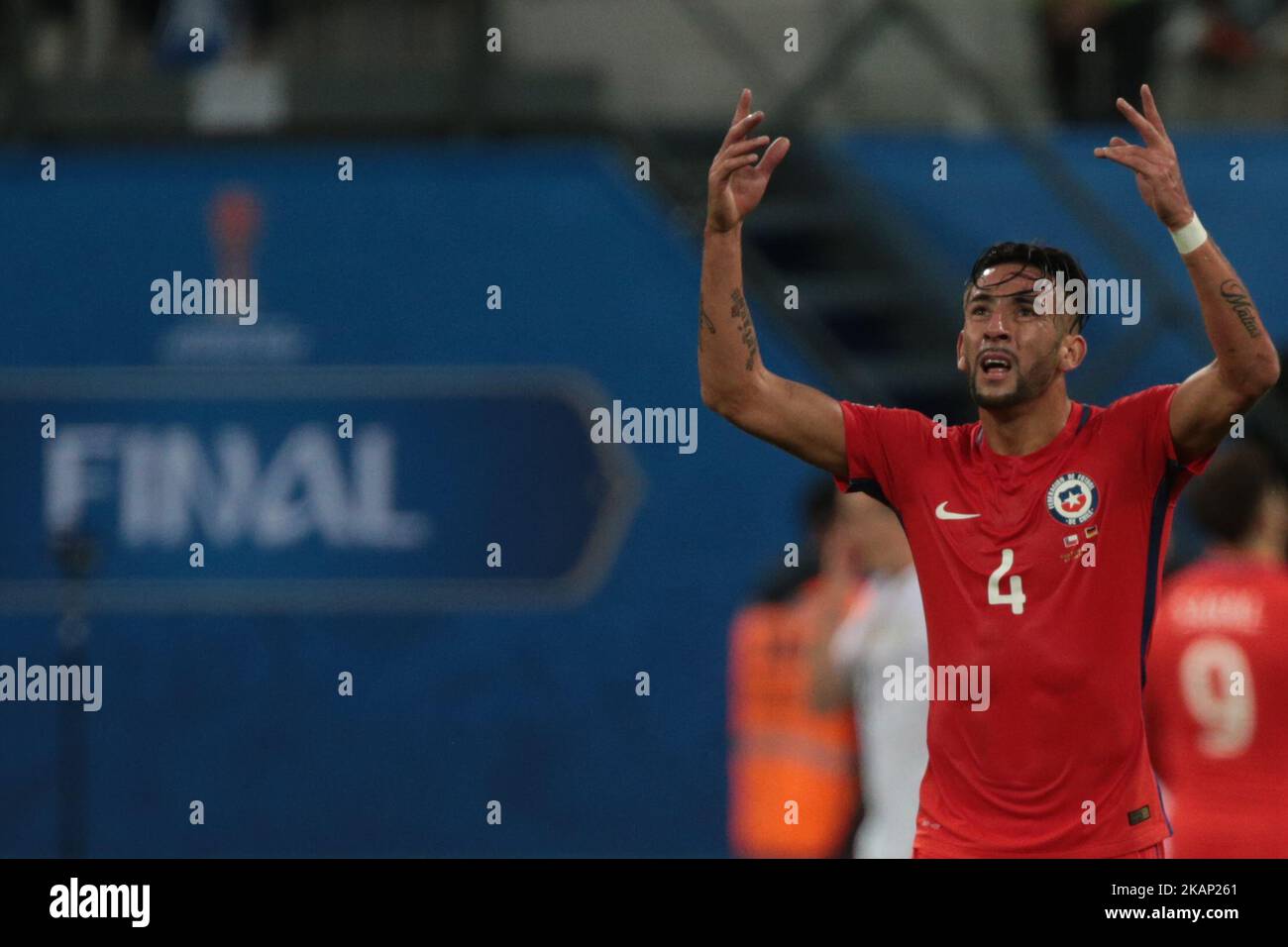 Mauricio Isla of the Chile national football team reacts during the 2017 FIFA Confederations Cup final match between Chile and Germany at Saint Petersburg Stadium on July 02, 2017 in St. Petersburg, Russia. (Photo by Igor Russak/NurPhoto) *** Please Use Credit from Credit Field *** Stock Photo
