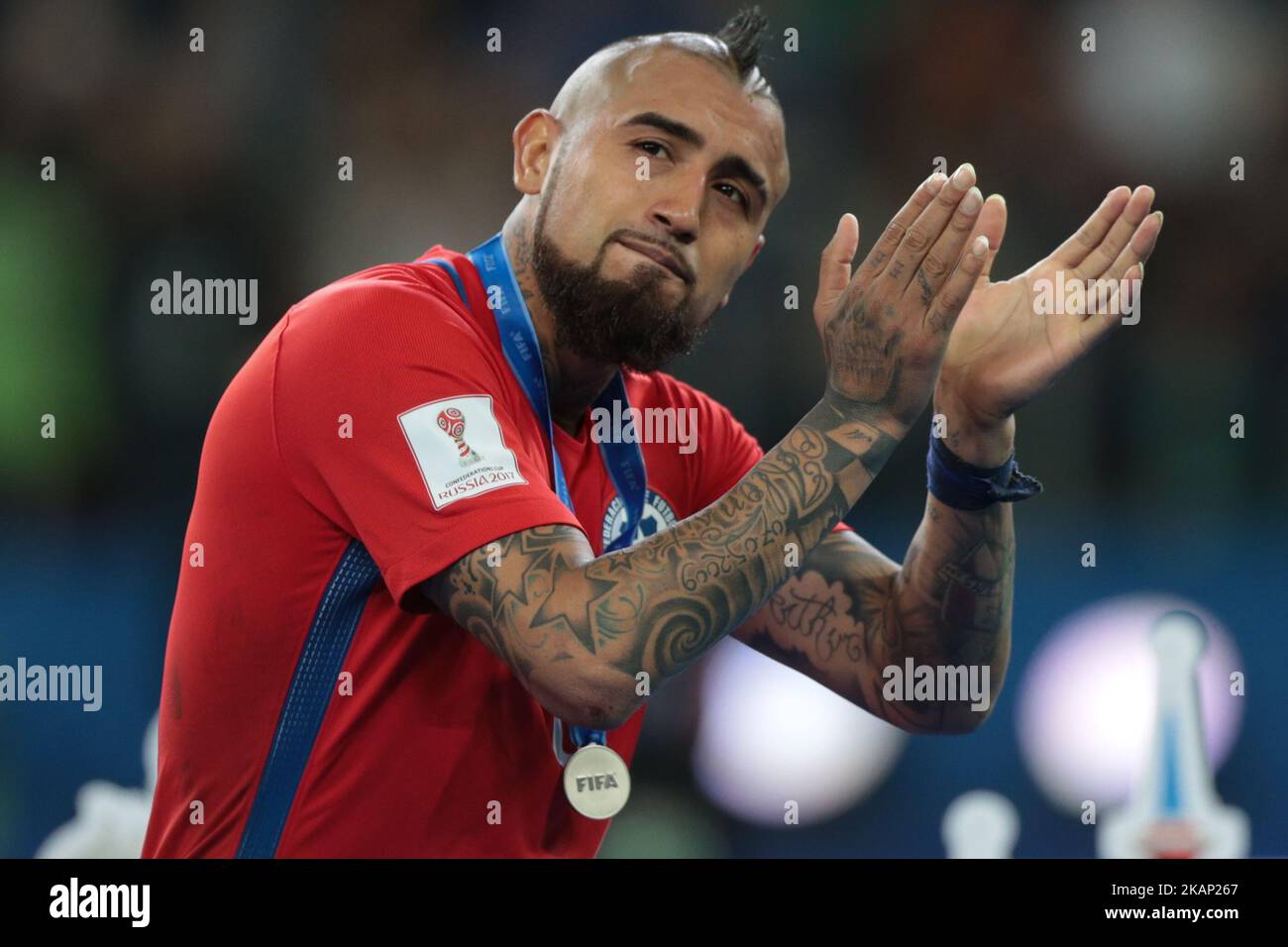 Arturo Vidal of the Chile national football team reacts during the 2017  FIFA Confederations Cup final match between Chile and Germany at Saint  Petersburg Stadium on July 02, 2017 in St. Petersburg,