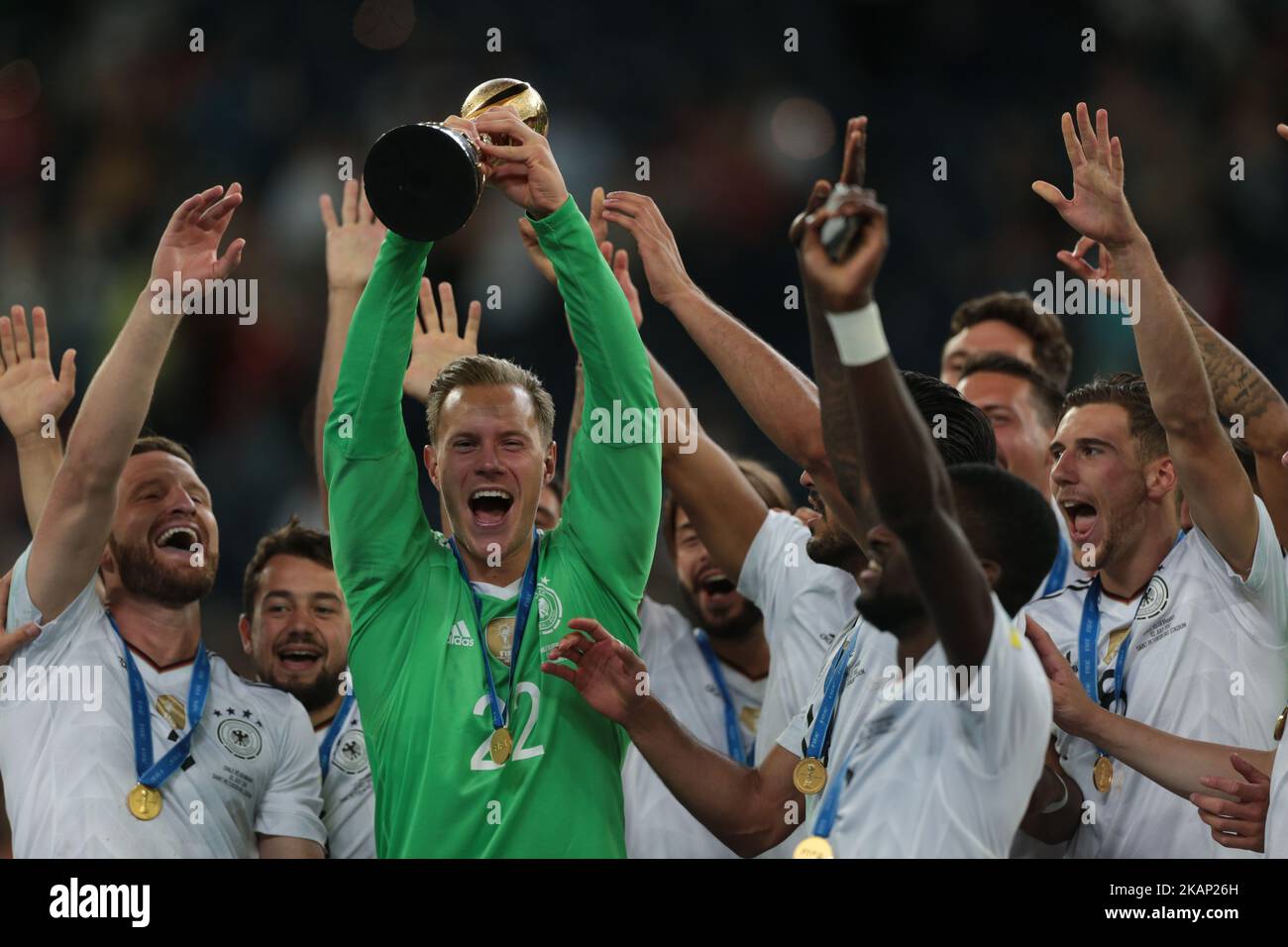 Players of the Germany national football team celebrate winning after the 2017 FIFA Confederations Cup final match between Chile and Germany at Saint Petersburg Stadium on July 02, 2017 in St. Petersburg, Russia. (Photo by Igor Russak/NurPhoto) *** Please Use Credit from Credit Field *** Stock Photo