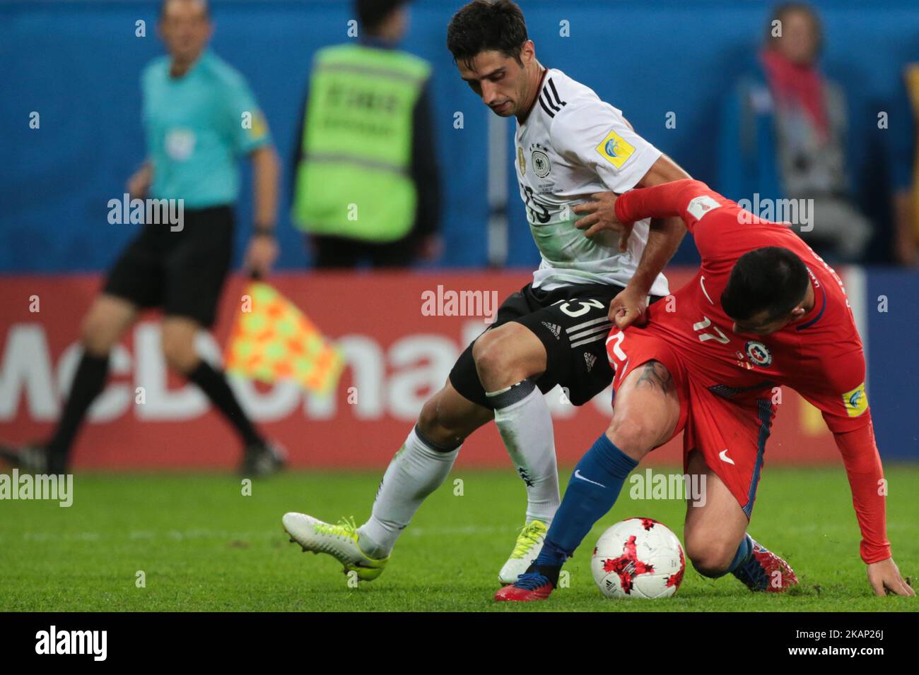 Lars Stindl (L) of the Germany national football team and Gary Medel of the Chile national football team vie for the ball during the 2017 FIFA Confederations Cup final match between Chile and Germany at Saint Petersburg Stadium on July 02, 2017 in St. Petersburg, Russia. (Photo by Igor Russak/NurPhoto) *** Please Use Credit from Credit Field *** Stock Photo