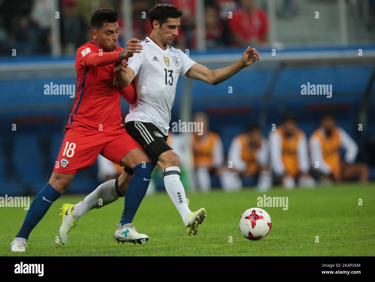Gonzalo Jara (L) of the Chile national football team and Lars Stindl of the Germanyl national football team vie for the ball during the 2017 FIFA Confederations Cup final match between Chile and Germany at Saint Petersburg Stadium on July 02, 2017 in St. Petersburg, Russia. (Photo by Igor Russak/NurPhoto) *** Please Use Credit from Credit Field *** Stock Photo