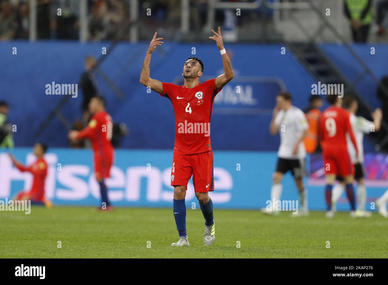 Mauricio Isla of Chile national team reacts during FIFA Confederations Cup Russia 2017 final match between Chile and Germany at Saint Petersburg Stadium on July 2, 2017 in Saint Petersburg, Russia. (Photo by Mike Kireev/NurPhoto) *** Please Use Credit from Credit Field *** Stock Photo