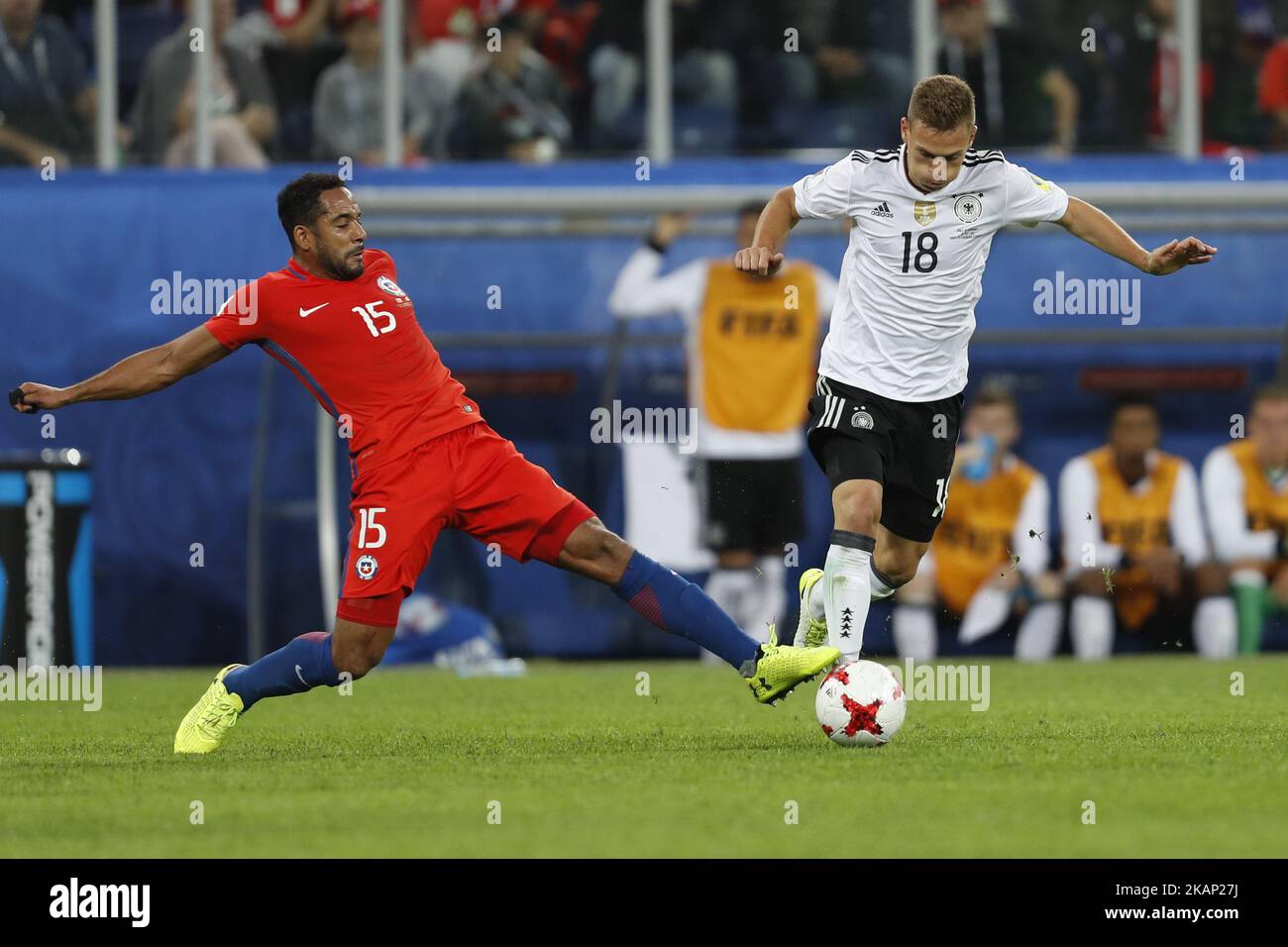 Jean Beausejour (L) of Chile national team and Joshua Kimmich of Germany national team vie for the ball during FIFA Confederations Cup Russia 2017 final match between Chile and Germany at Saint Petersburg Stadium on July 2, 2017 in Saint Petersburg, Russia. (Photo by Mike Kireev/NurPhoto) *** Please Use Credit from Credit Field *** Stock Photo