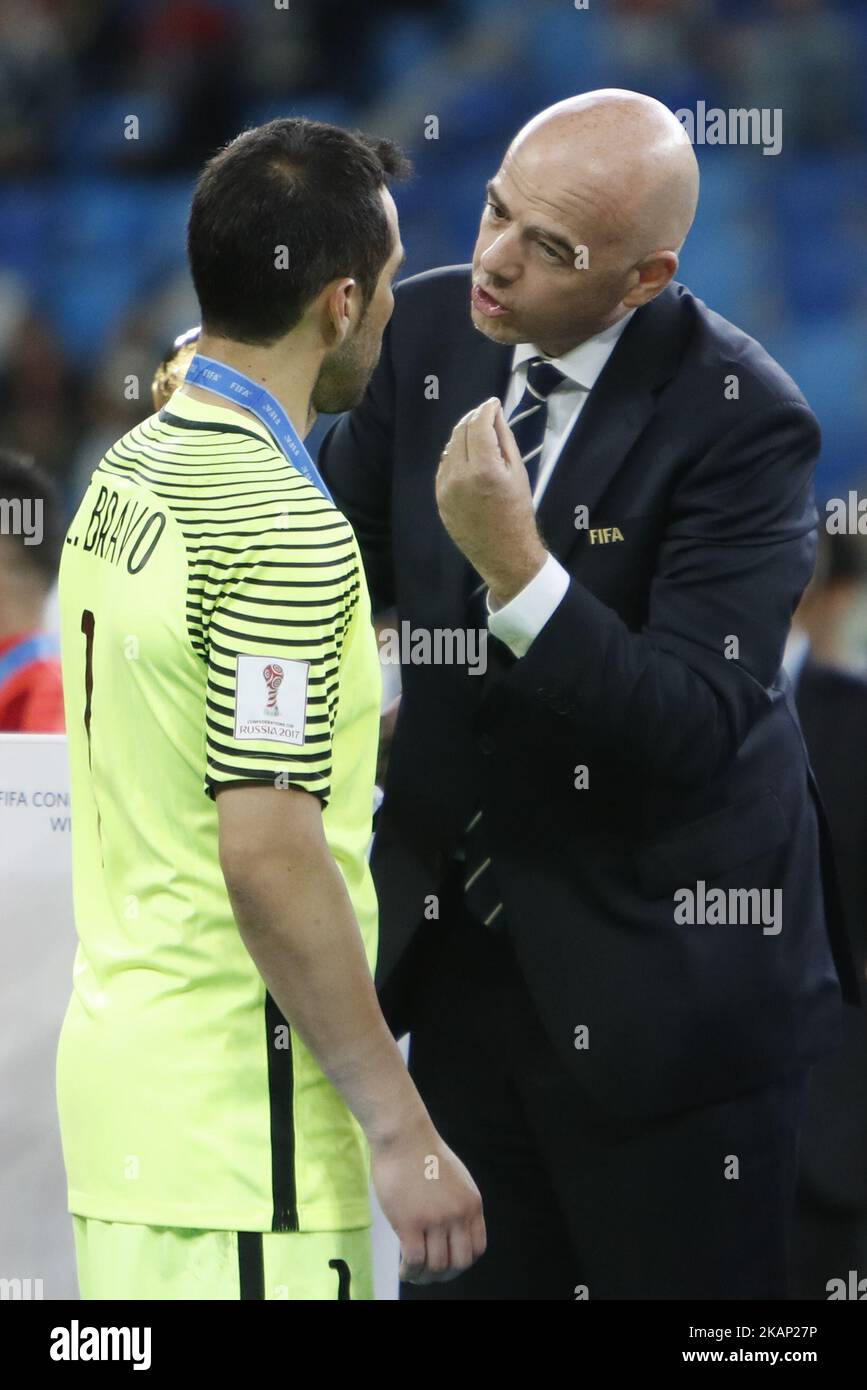 FIFA President Gianni Infantino (R) talks to Claudio Bravo of Chile national team during award ceremony after FIFA Confederations Cup Russia 2017 final match between Chile and Germany at Saint Petersburg Stadium on July 2, 2017 in Saint Petersburg, Russia. (Photo by Mike Kireev/NurPhoto) *** Please Use Credit from Credit Field *** Stock Photo