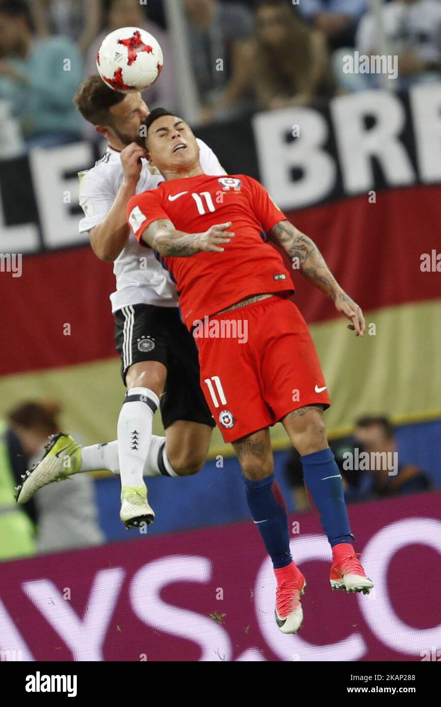 Eduardo Vargas (R) of Chile national team and Shkodran Mustafi of Germany national team vie for a header during FIFA Confederations Cup Russia 2017 final match between Chile and Germany at Saint Petersburg Stadium on July 2, 2017 in Saint Petersburg, Russia. (Photo by Mike Kireev/NurPhoto) *** Please Use Credit from Credit Field *** Stock Photo
