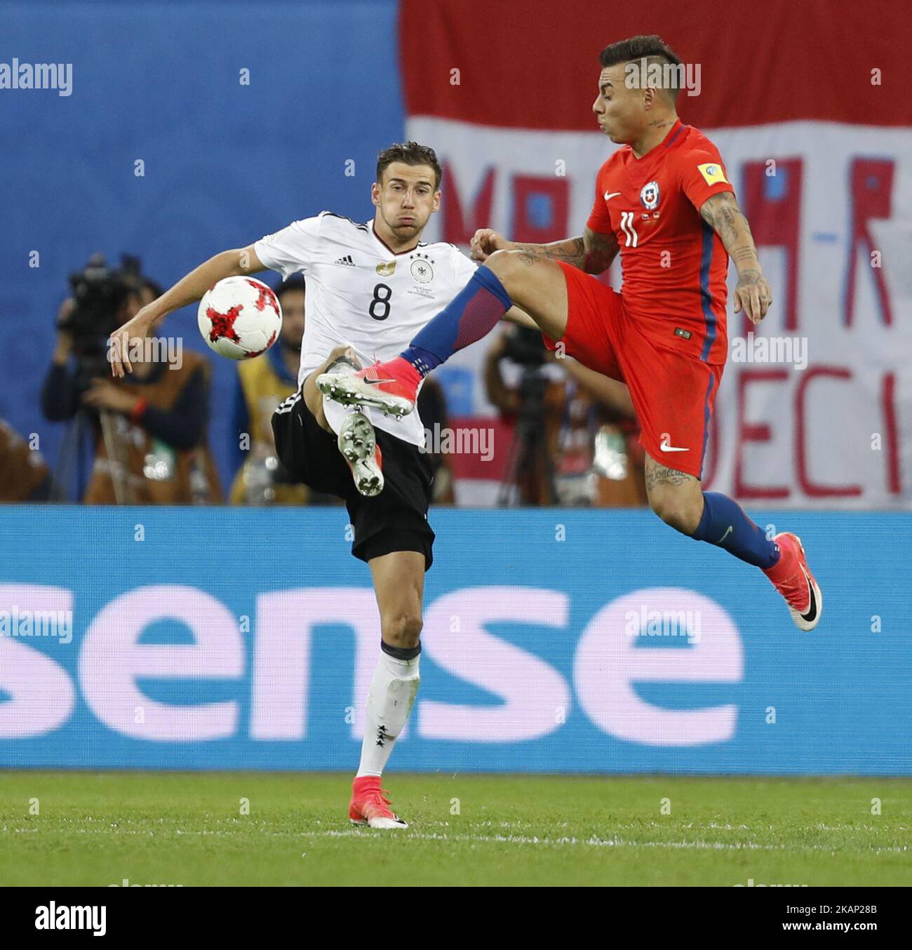 Eduardo Vargas (R) of Chile national team and Leon Goretzka of Germany national team vie for the ball during FIFA Confederations Cup Russia 2017 final match between Chile and Germany at Saint Petersburg Stadium on July 2, 2017 in Saint Petersburg, Russia. (Photo by Mike Kireev/NurPhoto) *** Please Use Credit from Credit Field *** Stock Photo