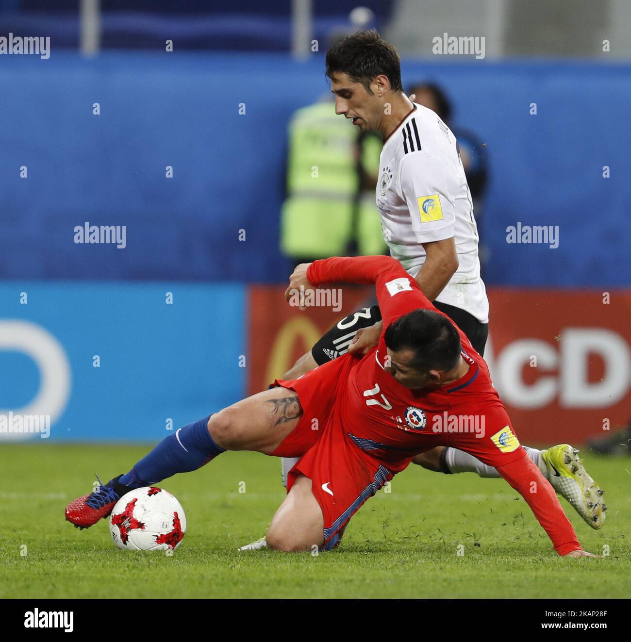 Gary Medel (L) of Chile national team and Lars Stindl of Germany national team vie for the ball during FIFA Confederations Cup Russia 2017 final match between Chile and Germany at Saint Petersburg Stadium on July 2, 2017 in Saint Petersburg, Russia. (Photo by Mike Kireev/NurPhoto) *** Please Use Credit from Credit Field *** Stock Photo
