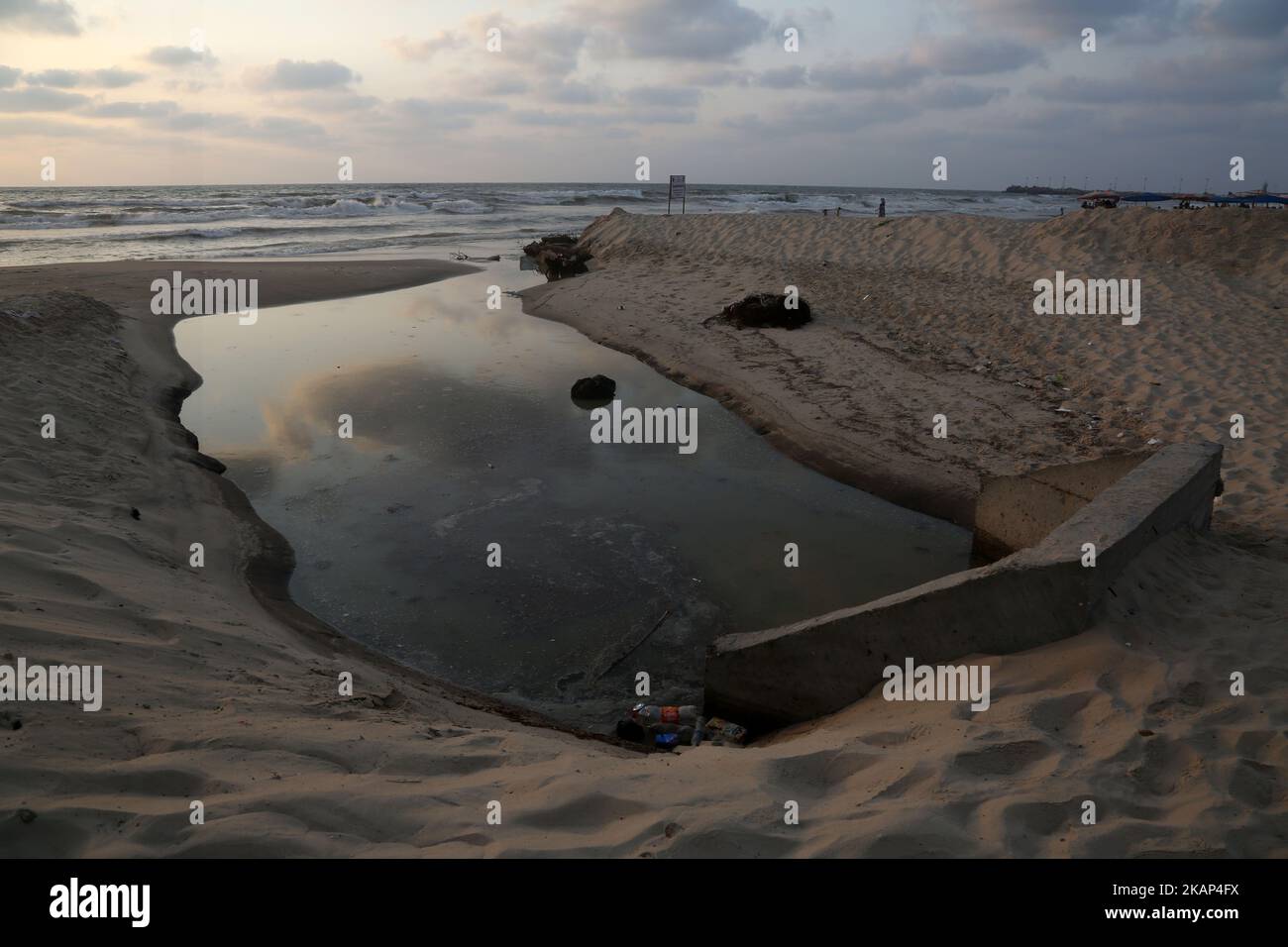 Sewage flows from an outlet into the sea in the Shati refugee camp, in Gaza City 05 July 2017 . Gazan people are reportedly falling ill from drinking water, highlighting the humanitarian issues facing the Palestinian enclave that the UN says could become uninhabitable by 2020. The Palestinian Environment Quality Authority said in a statement that the pollution of the seawater has gone beyond 50 percent. The lack of sufficient fuel to operate sewage treating facilities, forced the community to send wastewater into the Mediterranean Sea. (Photo by Majdi Fathi/NurPhoto) *** Please Use Credit from Stock Photo