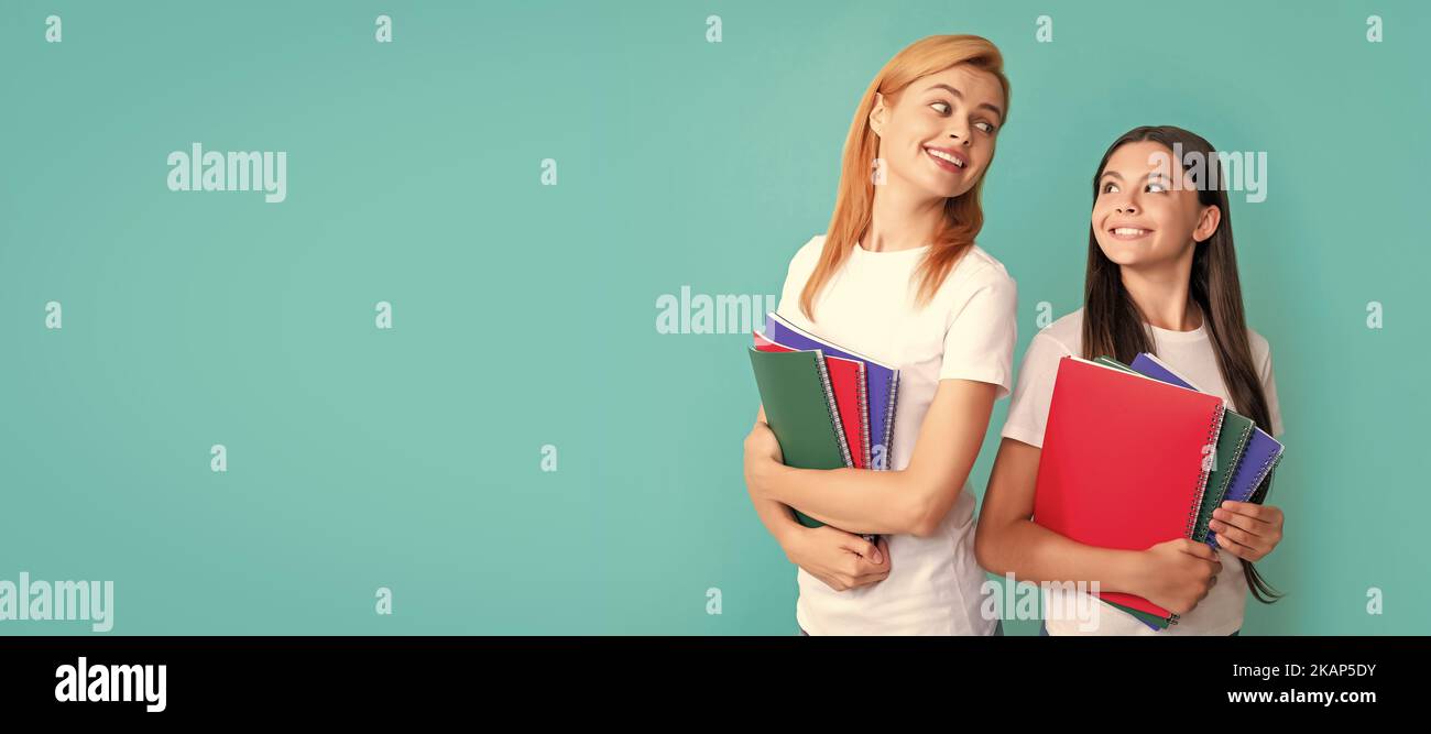 Mother and daughter child banner, copy space, isolated background