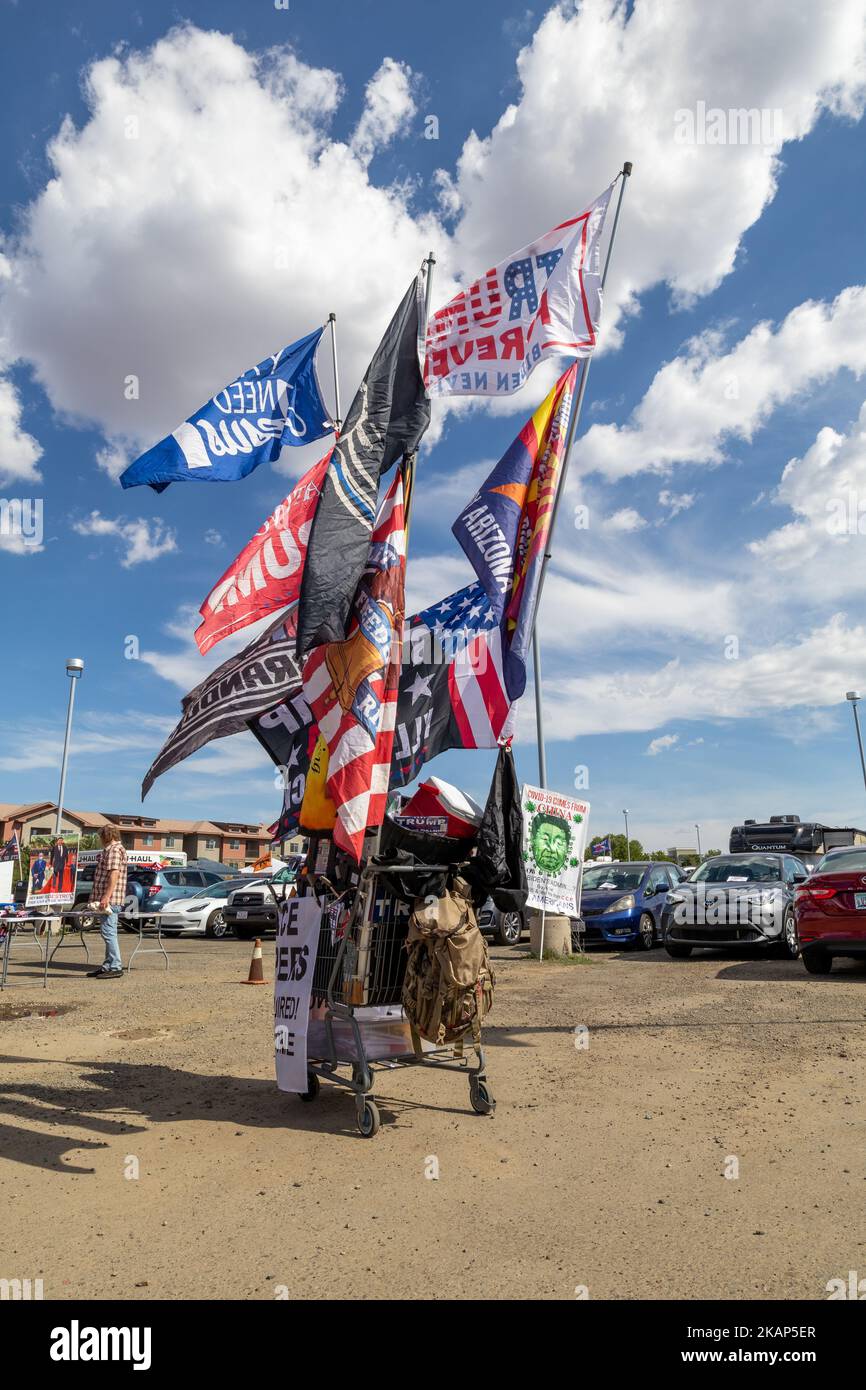 Political Rally Flags The waving Trump Flags and other merchandise being sold at a Trump ...
