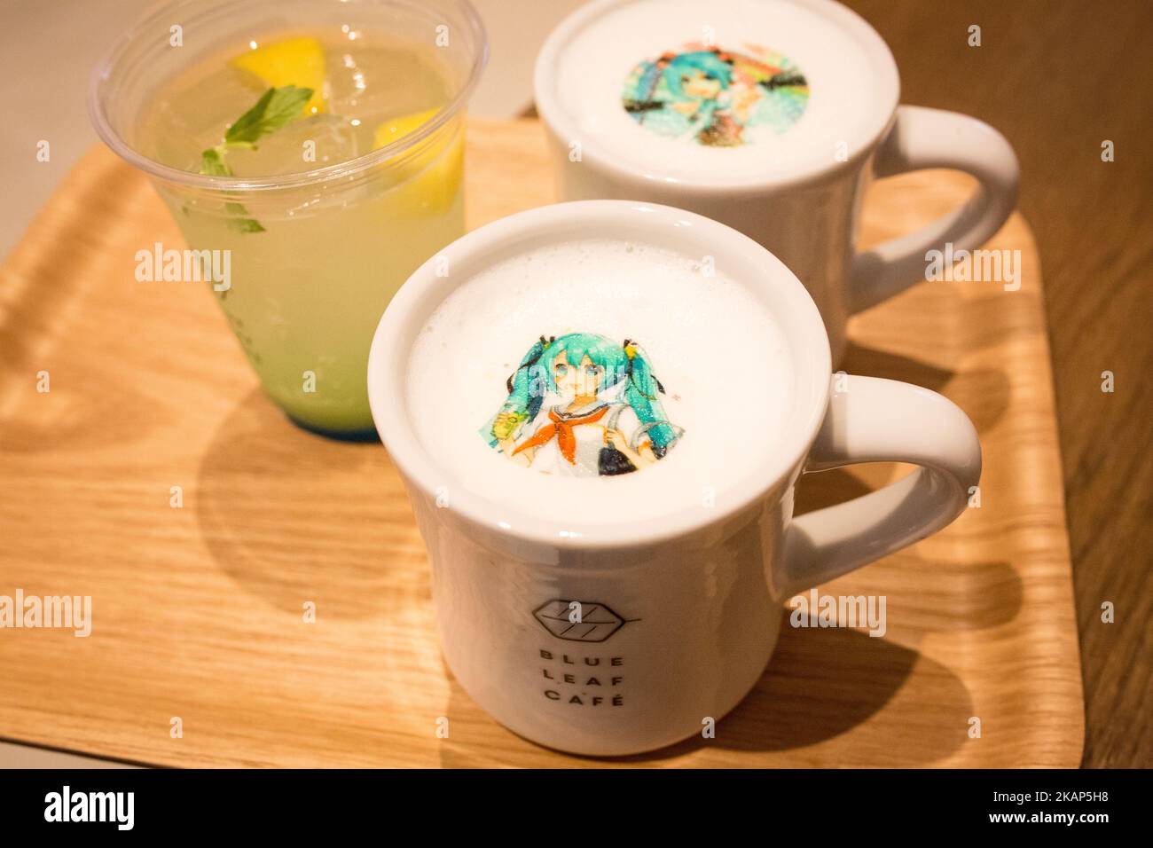 SENDAI, JAPAN - JULY 8: A special menu, Miku's latte is seen during augmented reality (AR) event in Sendai, Japan on July 8, 2017. As part of a promotion with telecommunications provider au/KDDI, Crypton Future Media and Blue Leaf Cafe operator, guest can enjoy dining with a special menu with their Vocaloid superstarIdol Hatsune Miku several days. (Photo by Richard Atrero de Guzman/NUR Photo) (Photo by Richard Atrero de Guzman/NurPhoto) *** Please Use Credit from Credit Field *** Stock Photo