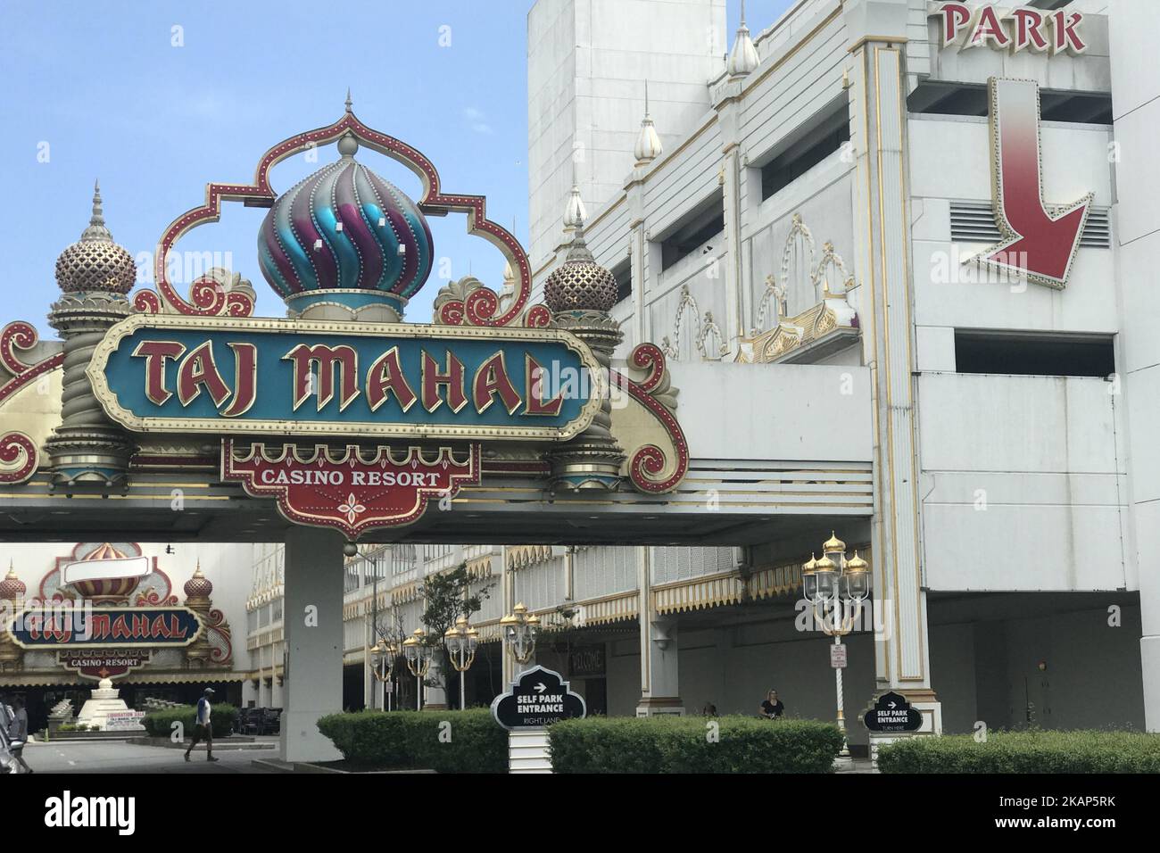 Exterior view of the main entrance during the third day of a liquidation sale at the former Trump Taj Mahal Casino and Resort in Atlantic City, New Jersey, on July 8, 2017. The property recently changed hands for $50 million and will be redeveloped in a Hard Rock Cafe owned resort. (Photo by Bastiaan Slabbers/NurPhoto) *** Please Use Credit from Credit Field *** Stock Photo