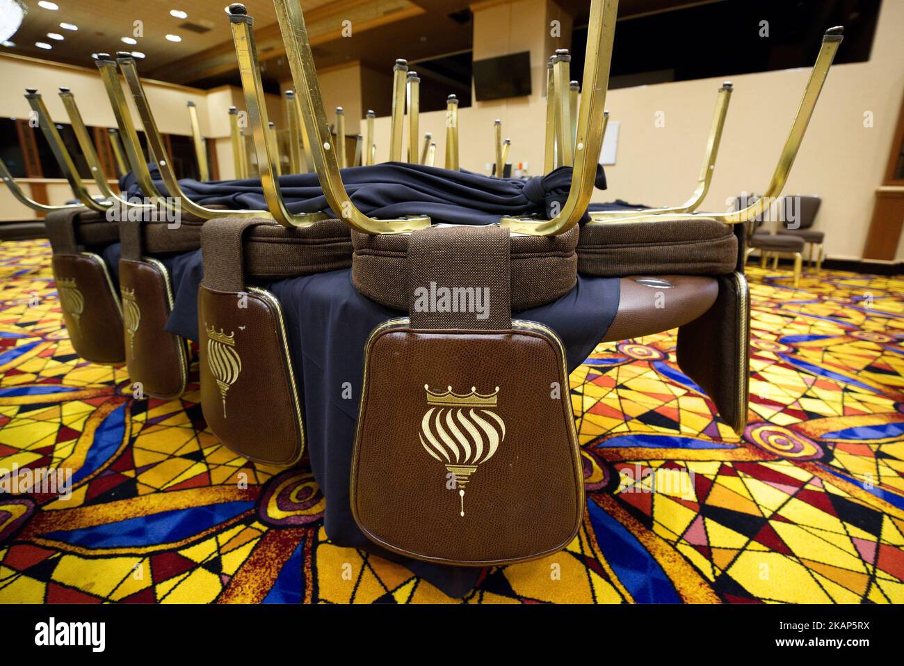 Poker tables and chairs are up for sale as members of the public browse the inventory of the closed Trump Taj Mahal Casino and resort during a large scale liquidation sale, on July 8, 2017, in Atlantic City, NJ. The property recently changed hands for $50 million and will be redeveloped in a Hard Rock Cafe owned resort. (Photo by Bastiaan Slabbers/NurPhoto) *** Please Use Credit from Credit Field *** Stock Photo