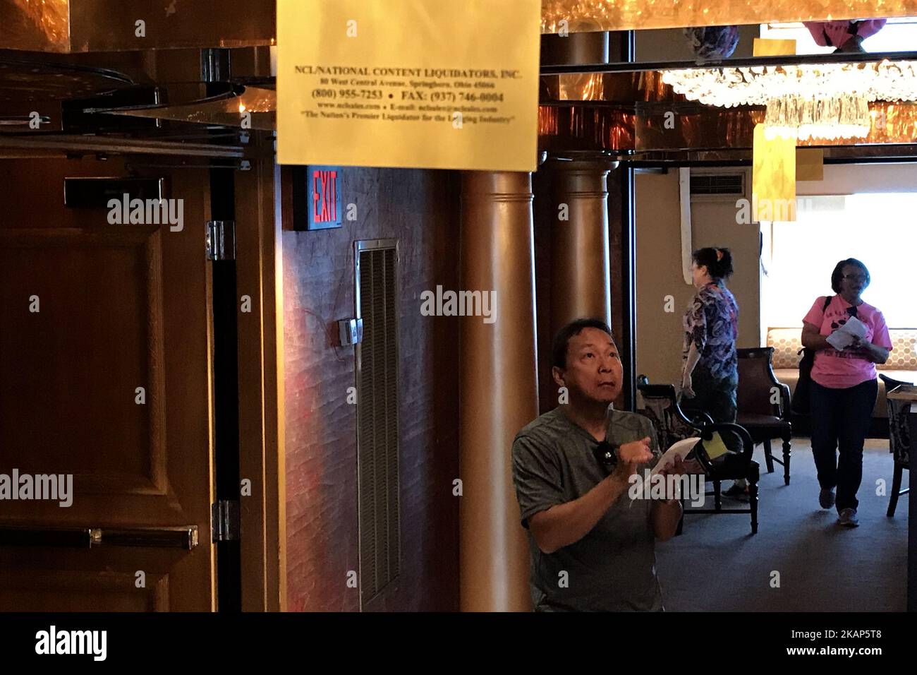 Price tags hang from sheer curtains at the 49th floor of the former Trump Taj Mahal Casino and Resort, during the liquidation sale, on July 8, 2017, in Atlantic City, New Jersey. The property recently changed hands for $50 million and will be redeveloped in a Hard Rock Cafe owned resort. (Photo by Bastiaan Slabbers/NurPhoto) *** Please Use Credit from Credit Field *** Stock Photo