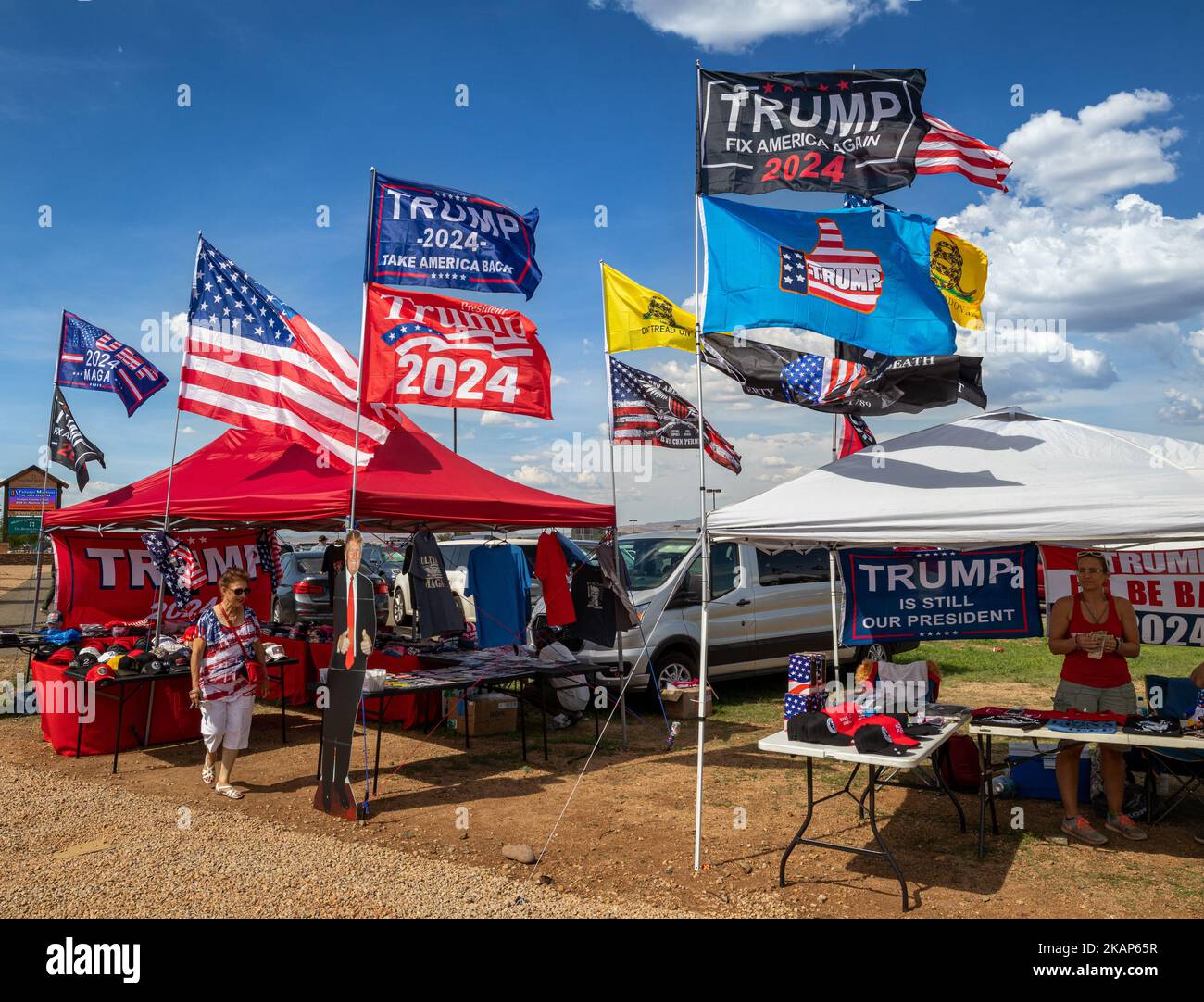 The waving Trump Flags and other merchandise being sold at a Trump ...