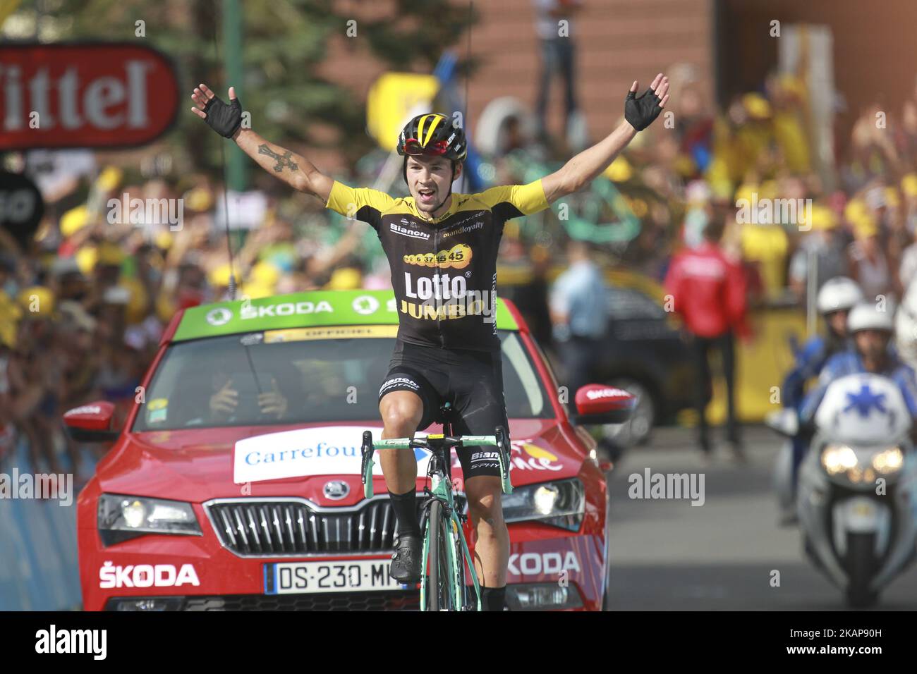 Slovenia's Primoz Roglic celebrates as he crosses the finish line during the 183 km seventeenth stage of the 104th edition of the Tour de France cycling race on July 19, 2017 between Le La Mure and Serre-Chevalier, French Alps (Photo by Elyxandro Cegarra/NurPhoto) *** Please Use Credit from Credit Field *** Stock Photo