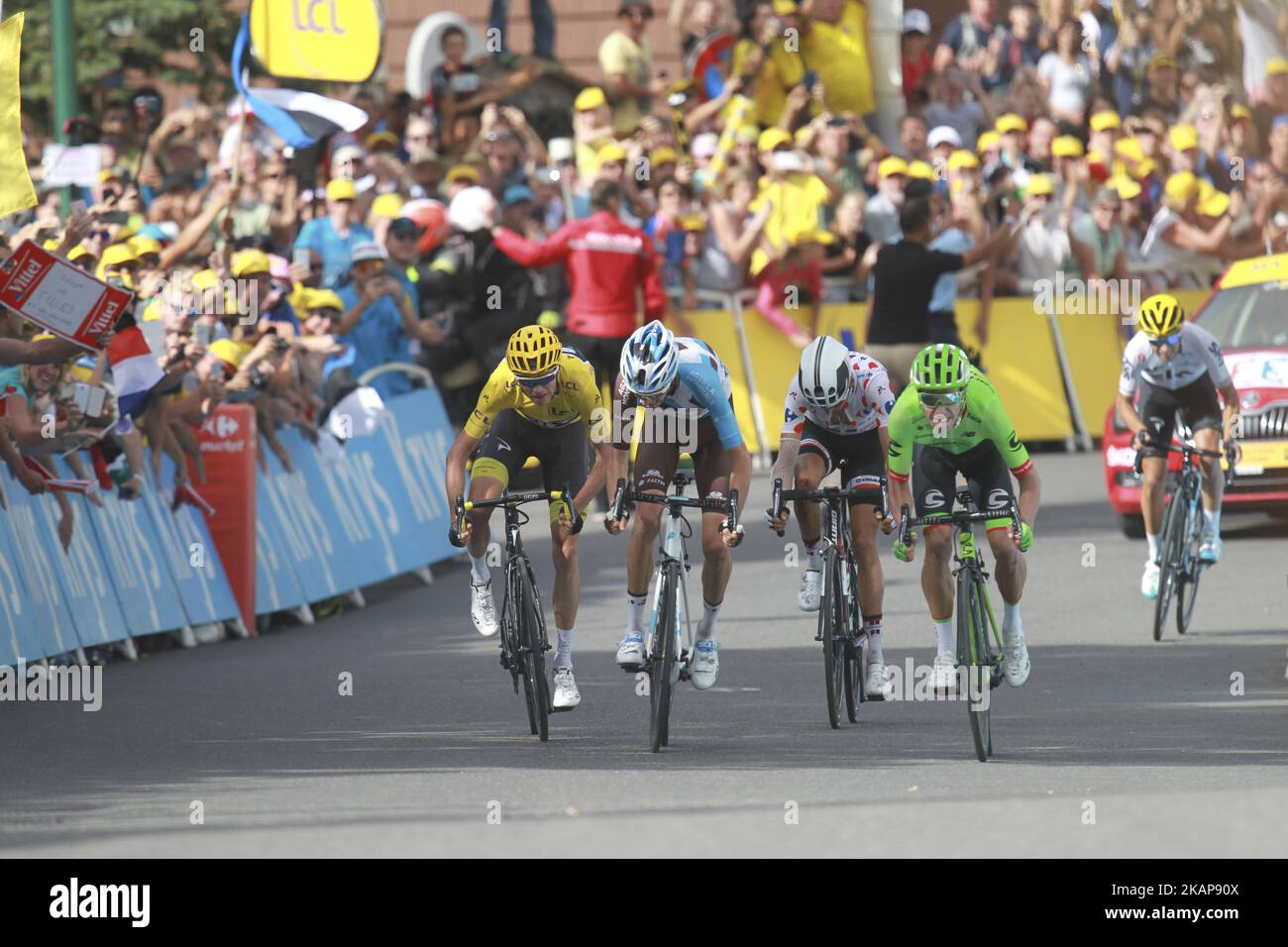 (From L) Great Britain's Christopher Froome wearing the overall leader's yellow jersey, France's Romain Bardet and Colombia's Rigoberto Uran ride towards the finish line during the 183 km seventeenth stage of the 104th edition of the Tour de France cycling race on July 19, 2017 between Le La Mure and Serre-Chevalier, French Alps. (Photo by Elyxandro Cegarra/NurPhoto) *** Please Use Credit from Credit Field *** Stock Photo